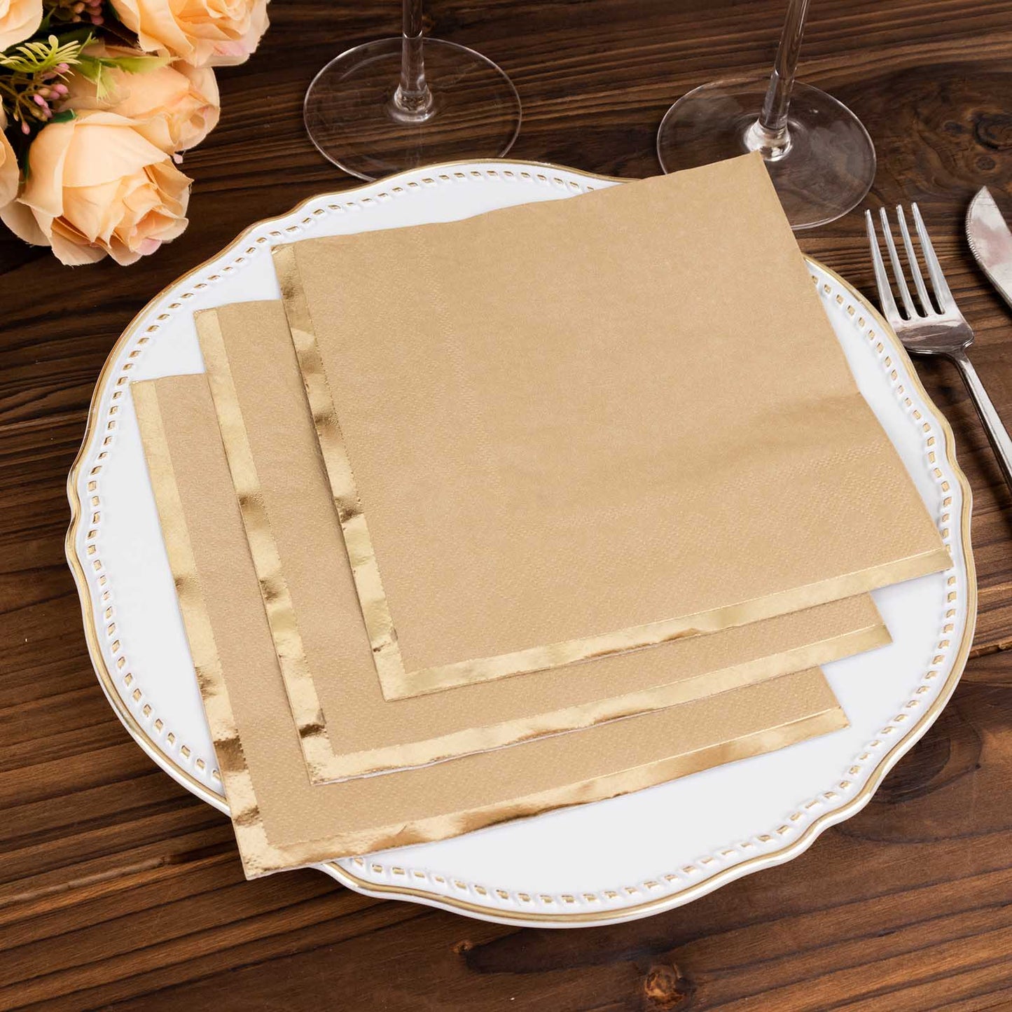 50 Pack Natural Soft 2 Ply Disposable Cocktail Napkins with Gold Foil Edge, Paper Beverage Napkins - 6.5"x6.5"