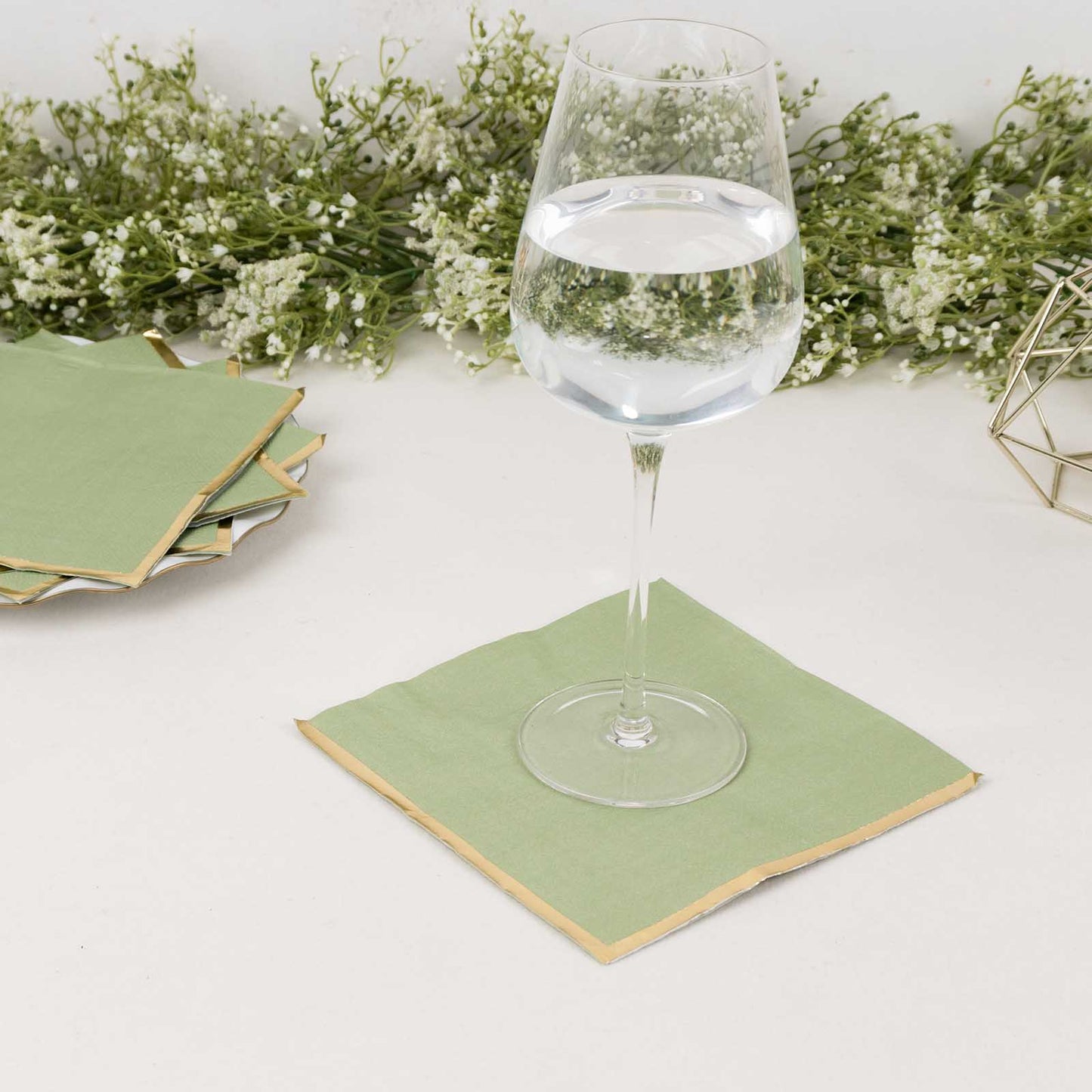 50 Pack Sage Green Soft 2 Ply Disposable Cocktail Napkins with Gold Foil Edge, Paper Beverage Napkins - 6.5"x6.5"