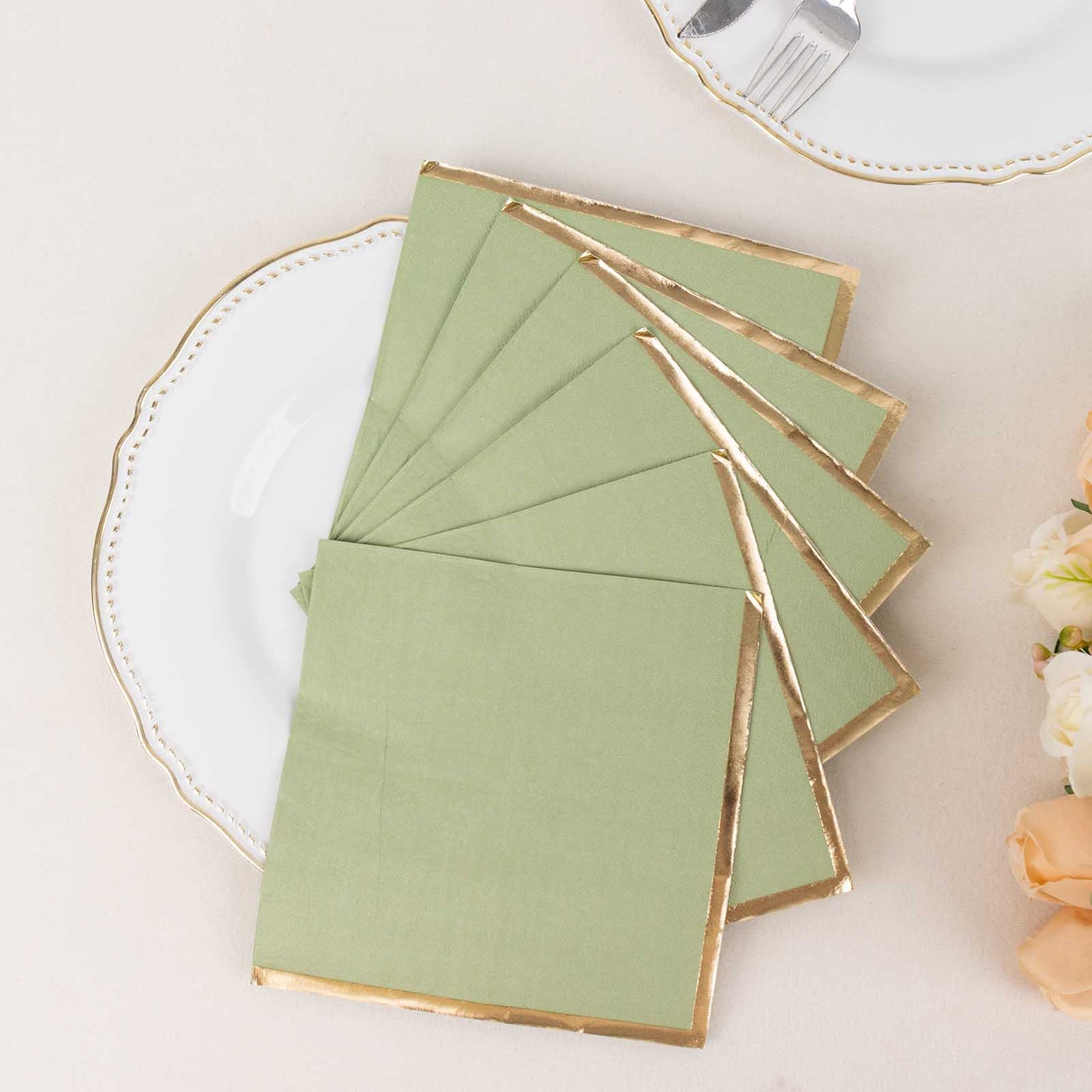 50 Pack Sage Green Soft 2 Ply Disposable Cocktail Napkins with Gold Foil Edge, Paper Beverage Napkins - 6.5"x6.5"