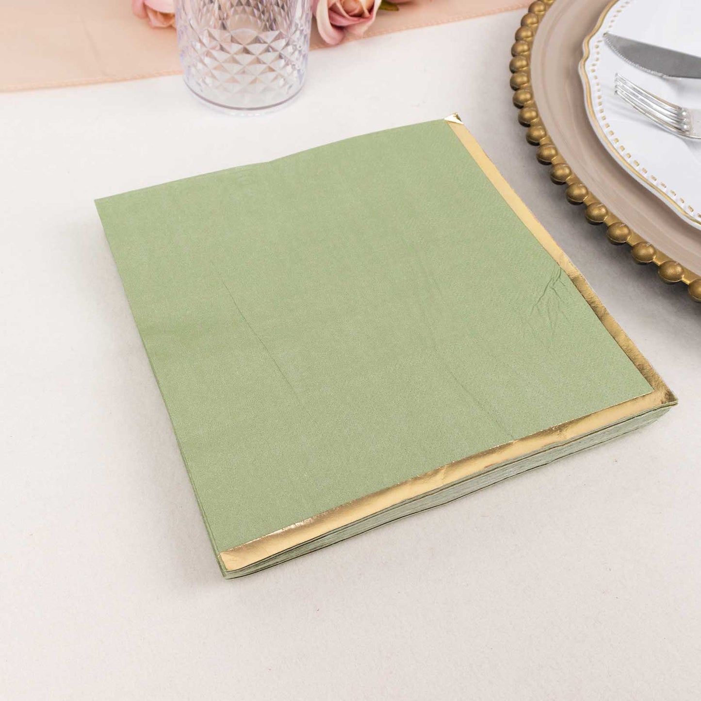 50 Pack Sage Green Soft 2 Ply Disposable Cocktail Napkins with Gold Foil Edge, Paper Beverage Napkins - 6.5"x6.5"