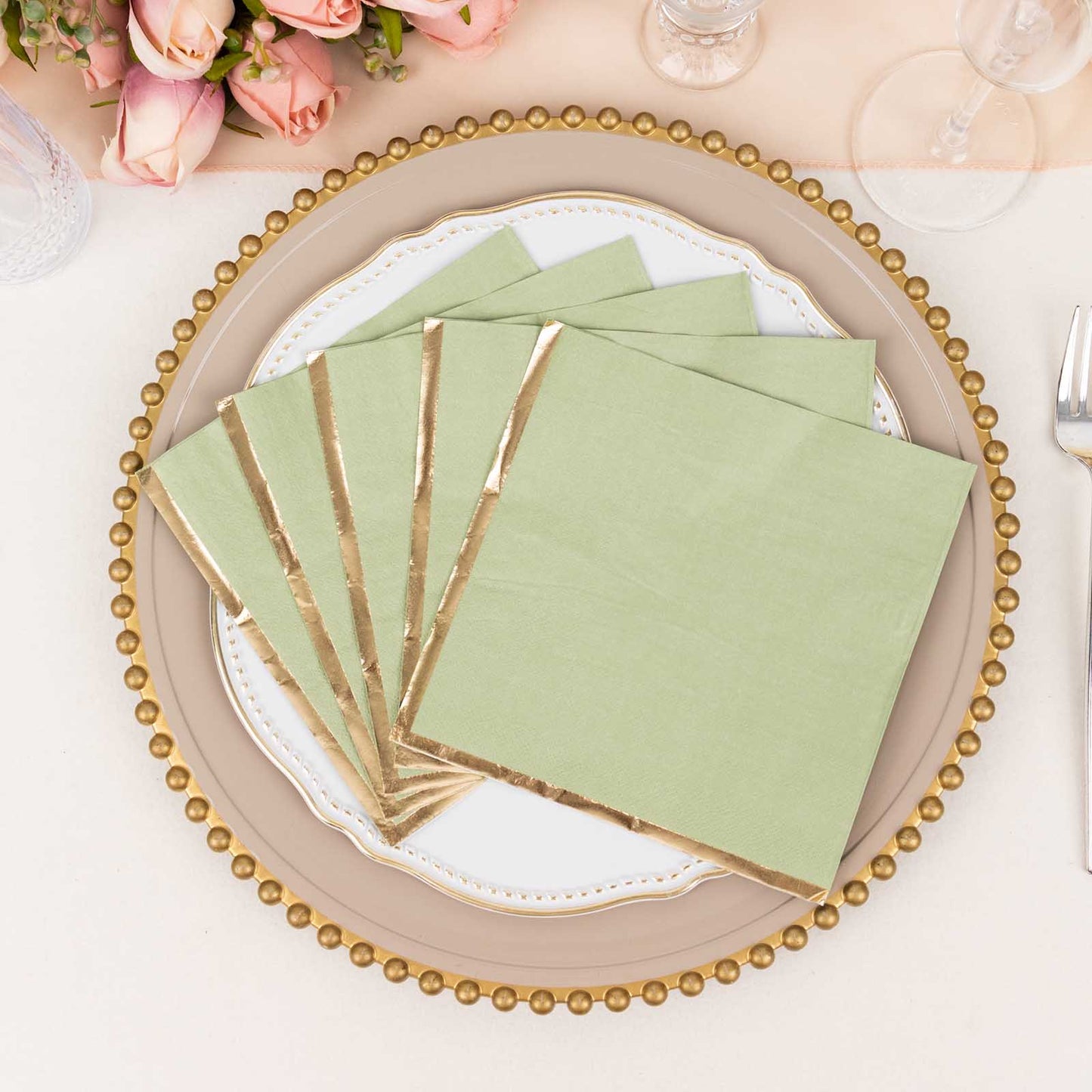 50 Pack Sage Green Soft 2 Ply Disposable Cocktail Napkins with Gold Foil Edge, Paper Beverage Napkins - 6.5"x6.5"