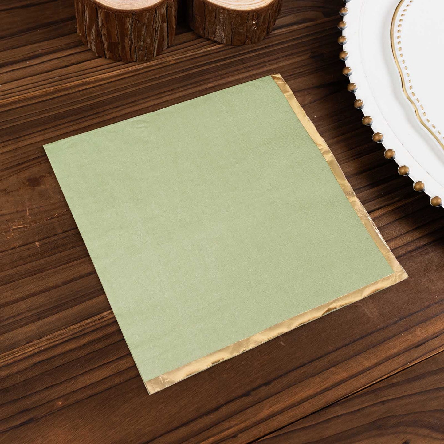 50 Pack Sage Green Soft 2 Ply Disposable Cocktail Napkins with Gold Foil Edge, Paper Beverage Napkins - 6.5"x6.5"