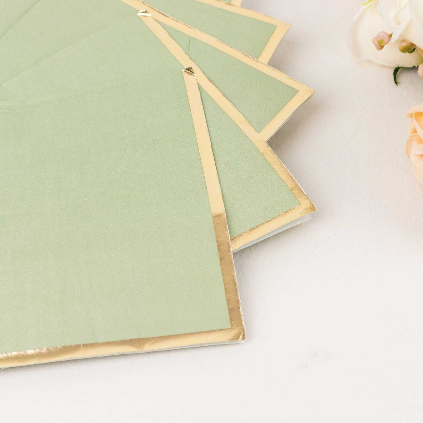 50 Pack Sage Green Soft 2 Ply Disposable Cocktail Napkins with Gold Foil Edge, Paper Beverage Napkins - 6.5"x6.5"