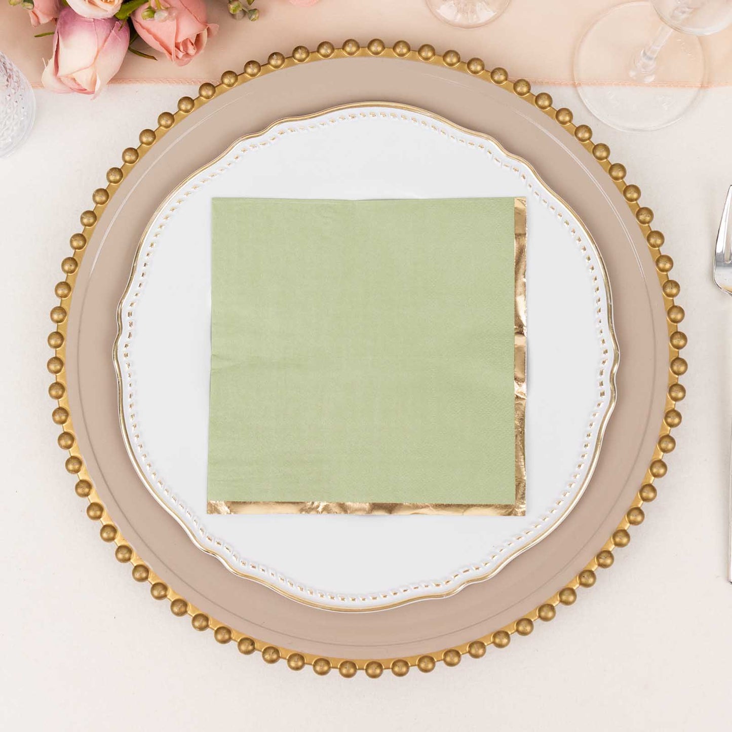 50 Pack Sage Green Soft 2 Ply Disposable Cocktail Napkins with Gold Foil Edge, Paper Beverage Napkins - 6.5"x6.5"