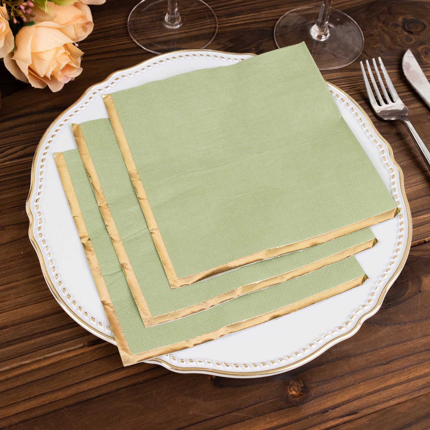 50 Pack Sage Green Soft 2 Ply Disposable Cocktail Napkins with Gold Foil Edge, Paper Beverage Napkins - 6.5"x6.5"