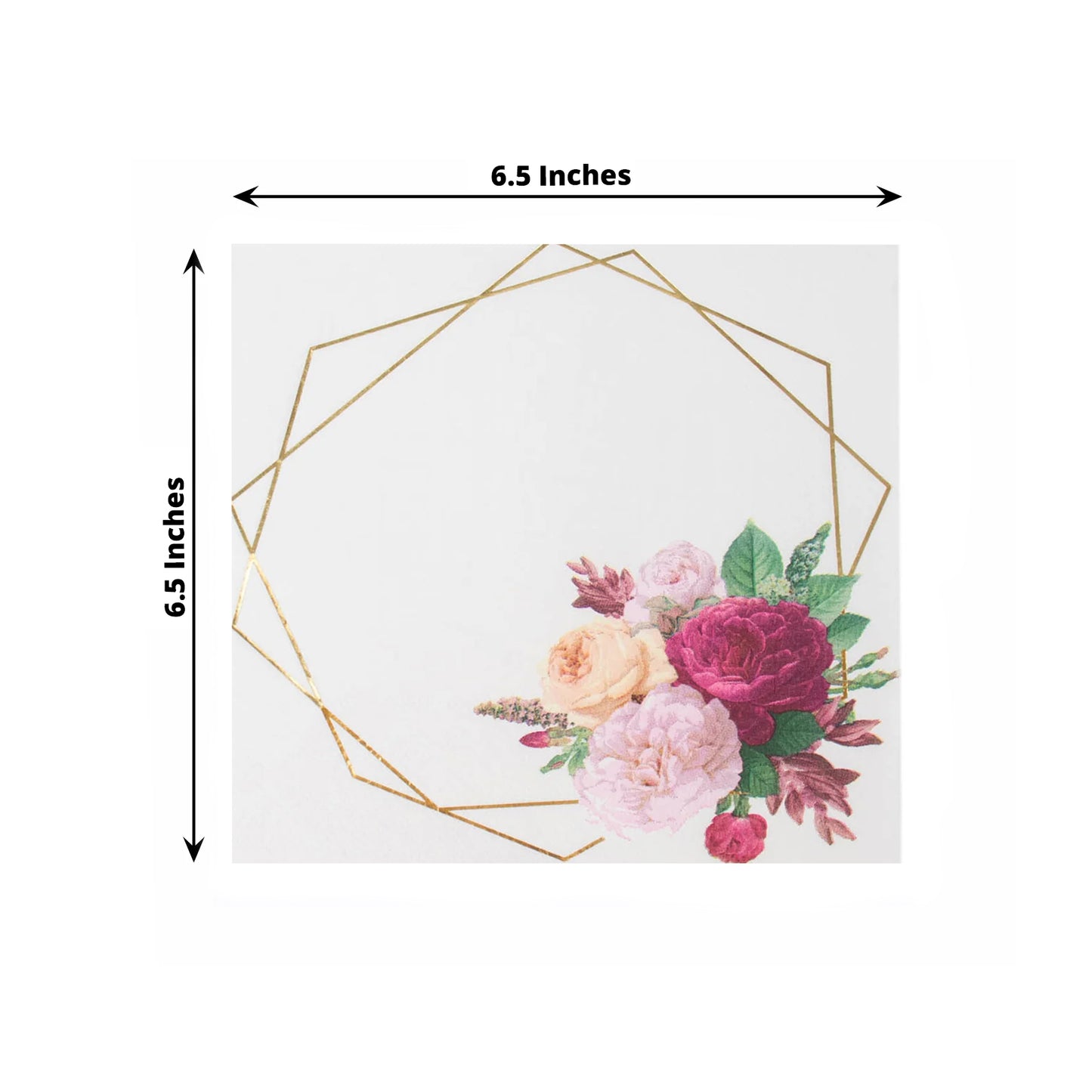 20 Pack | 2 Ply Soft White / Gold Hexagon Frame Floral Paper Napkins, Wedding Dinner Cocktail Beverage Napkins