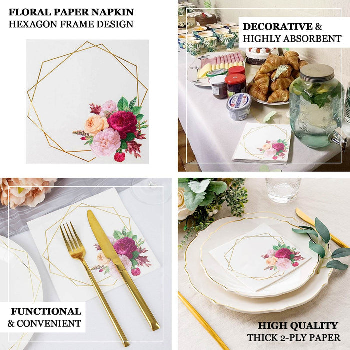 20 Pack | 2 Ply Soft White / Gold Hexagon Frame Floral Paper Napkins, Wedding Dinner Cocktail Beverage Napkins