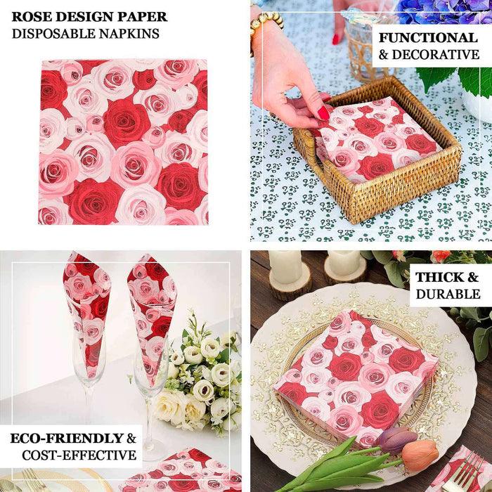 50 Pack | 2 Ply Soft Red / Pink Rose Design Paper Cocktail Napkins, Garden Floral Wedding Beverage Napkins - 18 GSM