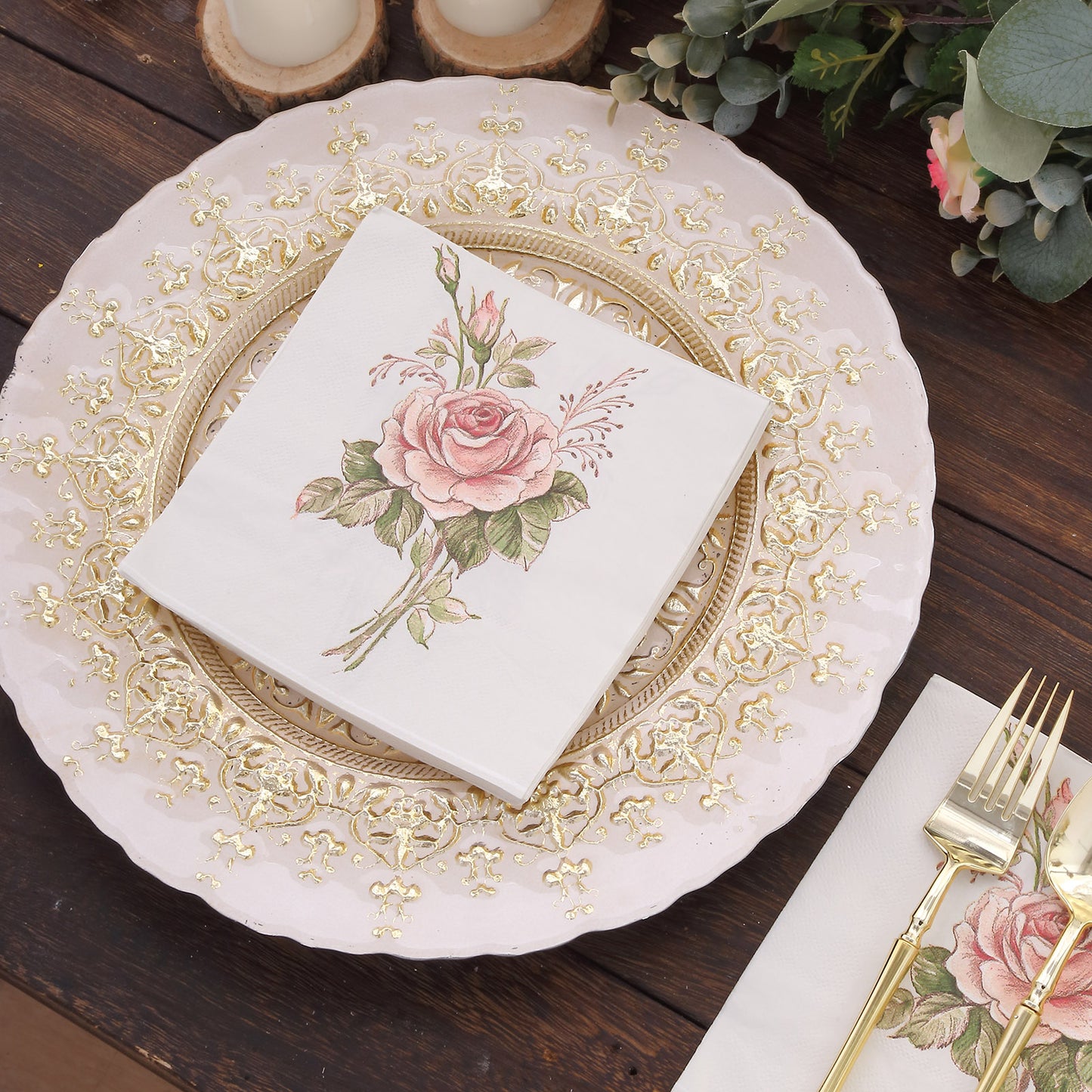 20 Pack Vintage Pink Ivory Rose Paper Cocktail Napkins, Elegant Tea Party Disposable Beverage Napkins - 18 GSM