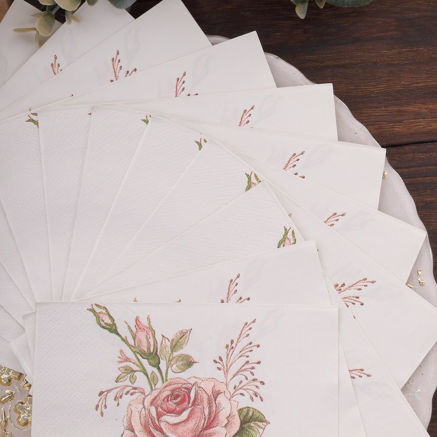 20 Pack Vintage Pink Ivory Rose Paper Cocktail Napkins, Elegant Tea Party Disposable Beverage Napkins - 18 GSM