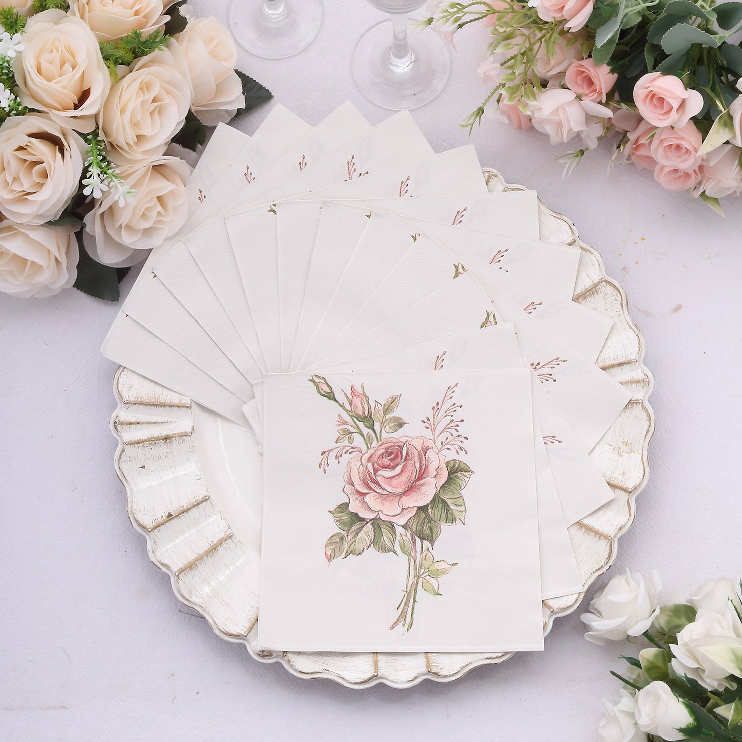 20 Pack Vintage Pink Ivory Rose Paper Cocktail Napkins, Elegant Tea Party Disposable Beverage Napkins - 18 GSM