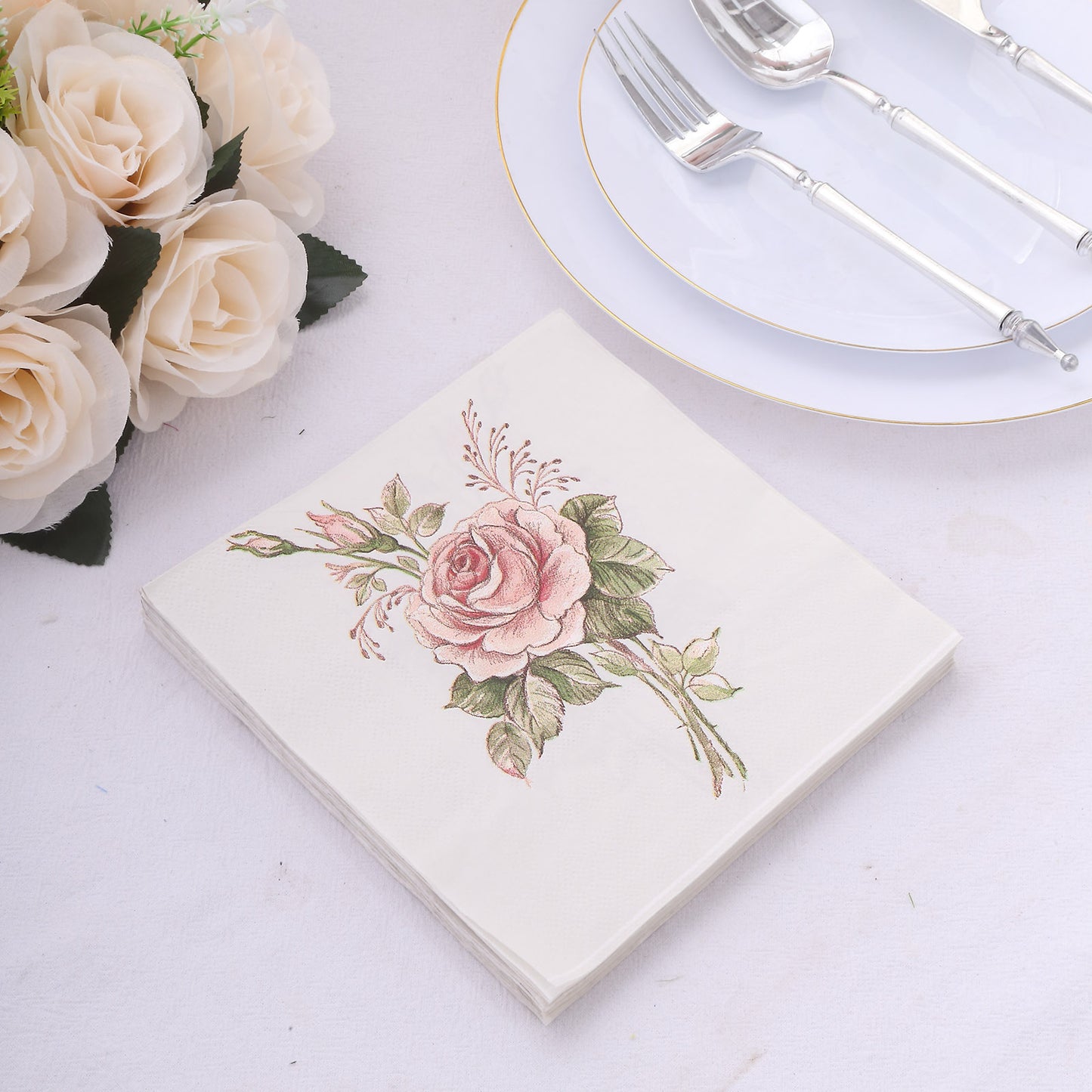 20 Pack Vintage Pink Ivory Rose Paper Cocktail Napkins, Elegant Tea Party Disposable Beverage Napkins - 18 GSM