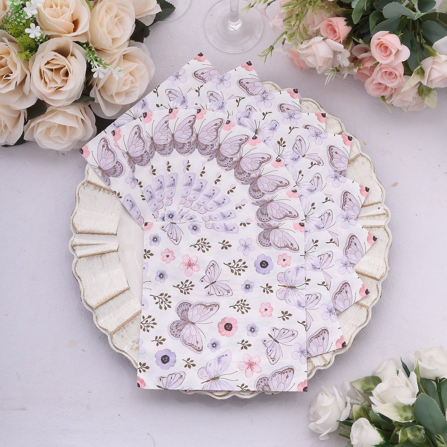 20 Pack Lavender Ivory Butterfly Paper Cocktail Napkins, Elegant Wedding / Baby Shower Disposable Beverage Napkins – 18 GSM