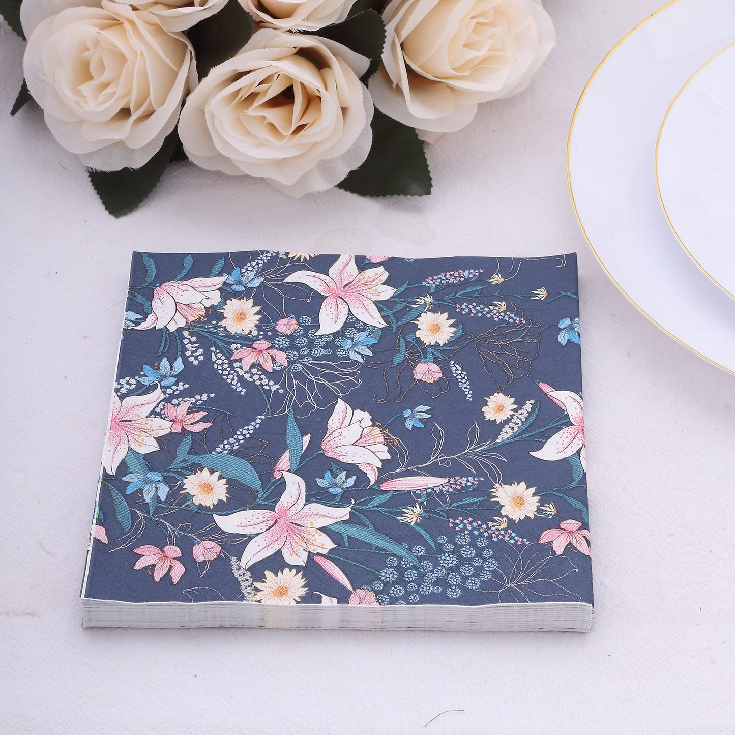 20 Pack Navy Blue Water Lilly Floral Paper Beverage Napkins, Soft 2-Ply Disposable Cocktail Napkins - 6.5"x6.5"