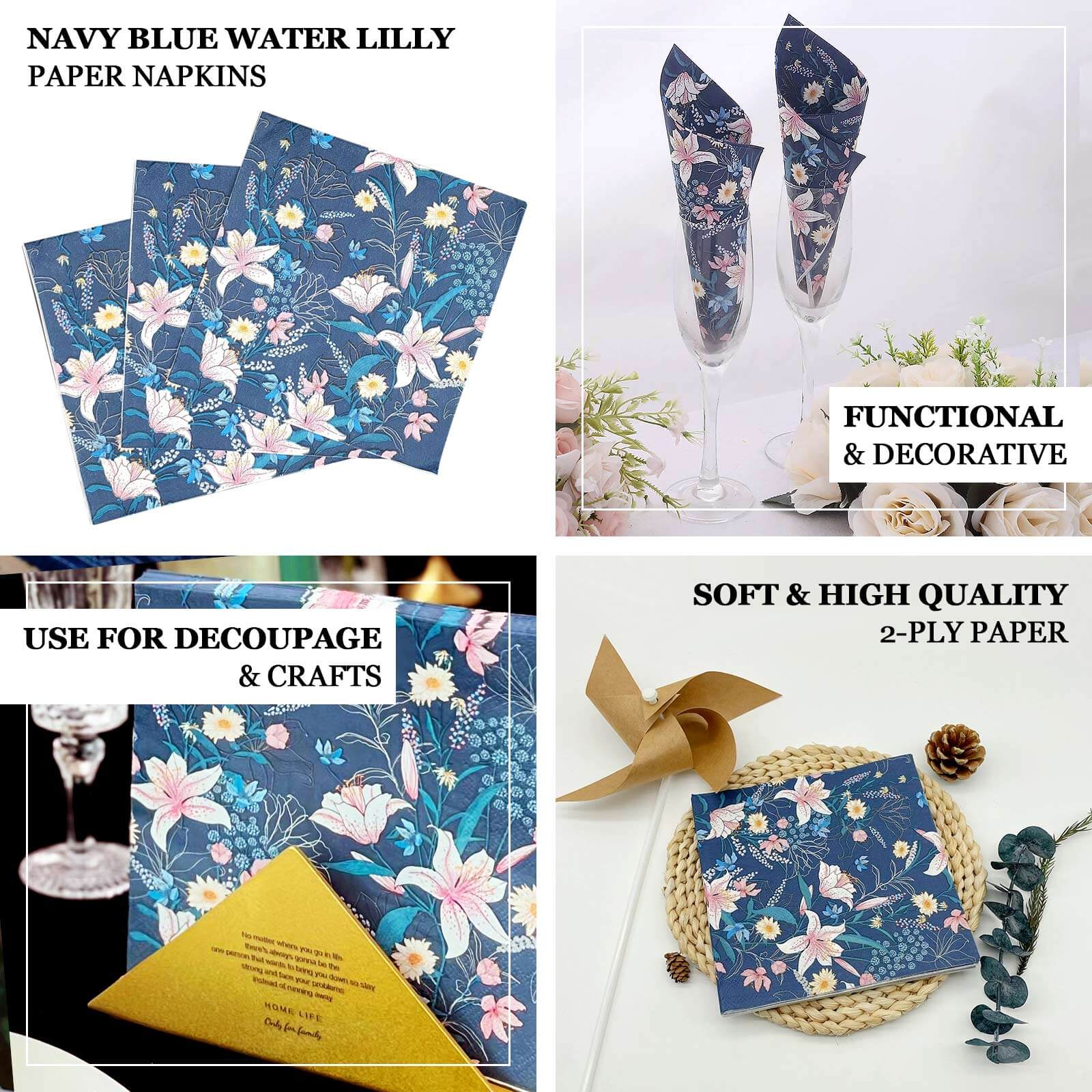 20 Pack Navy Blue Water Lilly Floral Paper Beverage Napkins, Soft 2-Ply Disposable Cocktail Napkins - 6.5"x6.5"