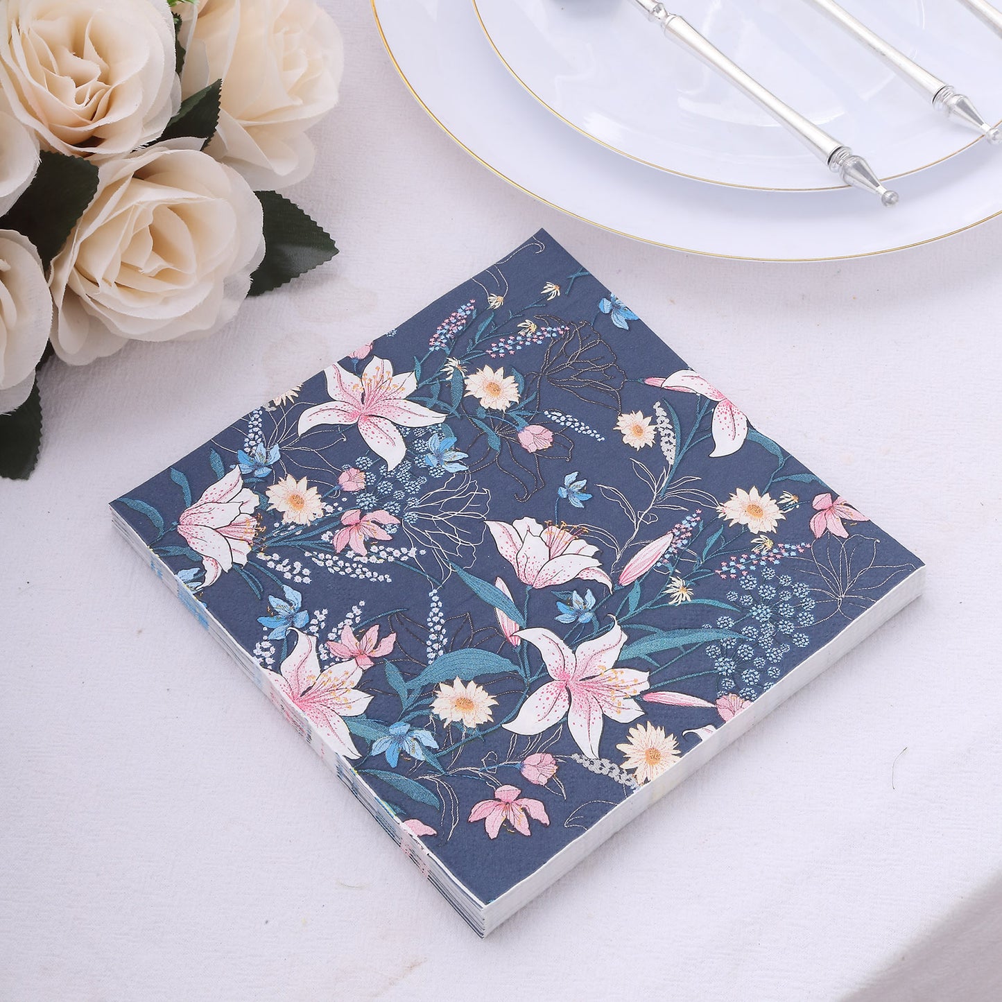 20 Pack Navy Blue Water Lilly Floral Paper Beverage Napkins, Soft 2-Ply Disposable Cocktail Napkins - 6.5"x6.5"