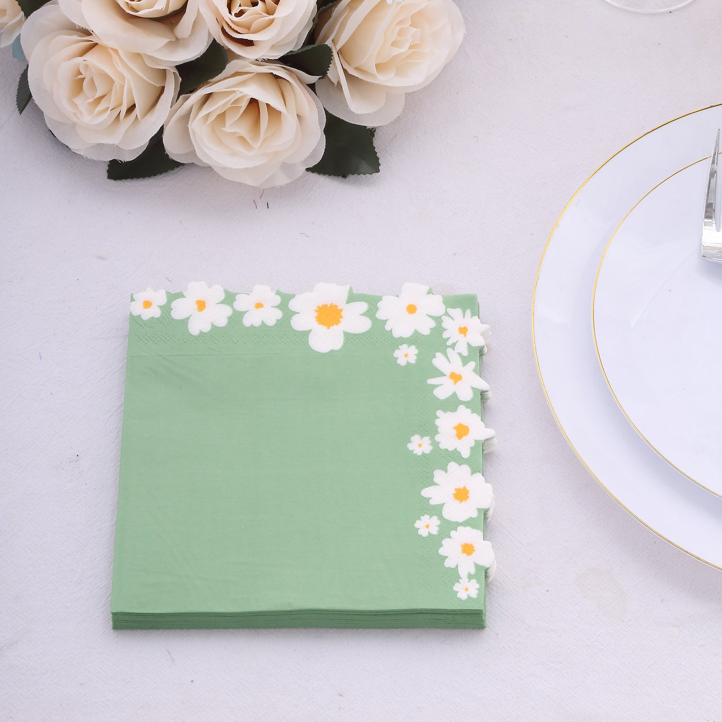 20 Pack Sage Green Daisy Flower Paper Beverage Napkins, Soft 2-Ply Disposable Cocktail Napkins - 6.5"x6.5"