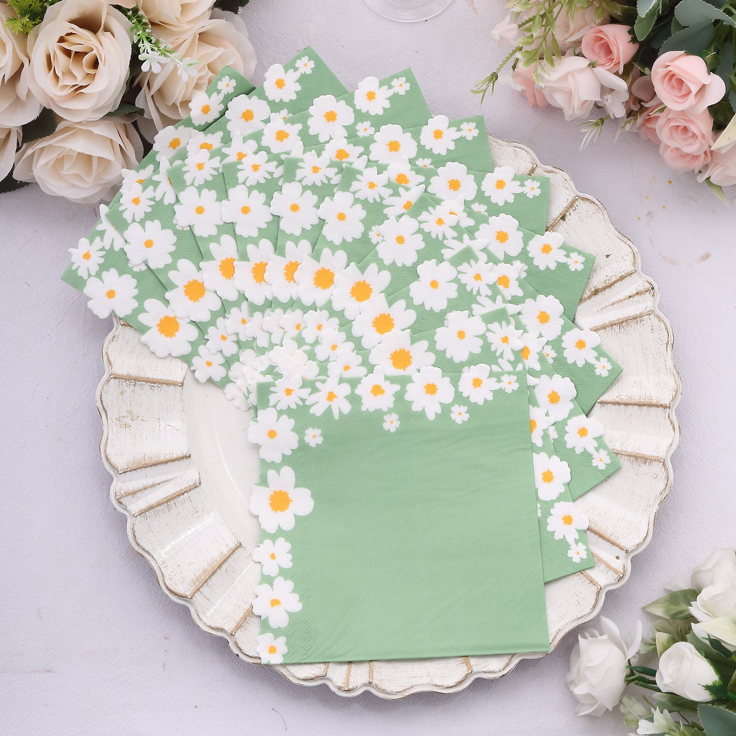 20 Pack Sage Green Daisy Flower Paper Beverage Napkins, Soft 2-Ply Disposable Cocktail Napkins - 6.5"x6.5"