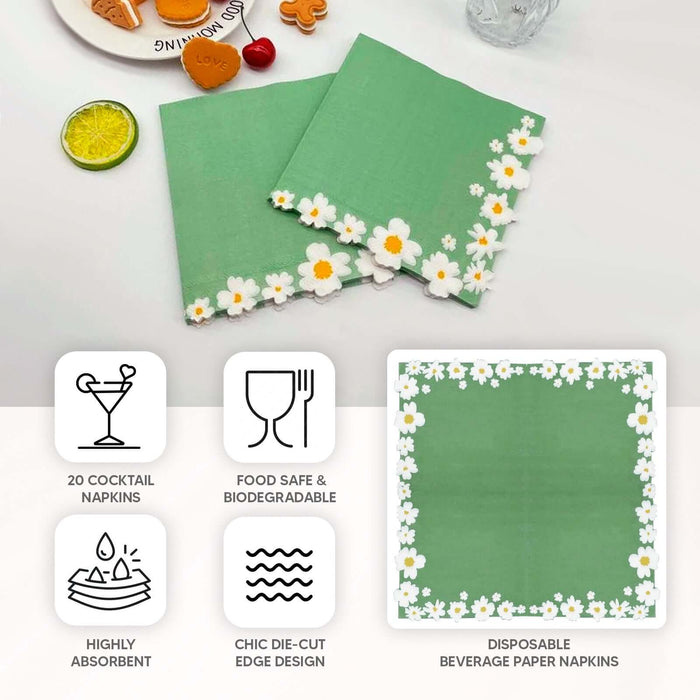 20 Pack Sage Green Daisy Flower Paper Beverage Napkins, Soft 2-Ply Disposable Cocktail Napkins - 6.5"x6.5"