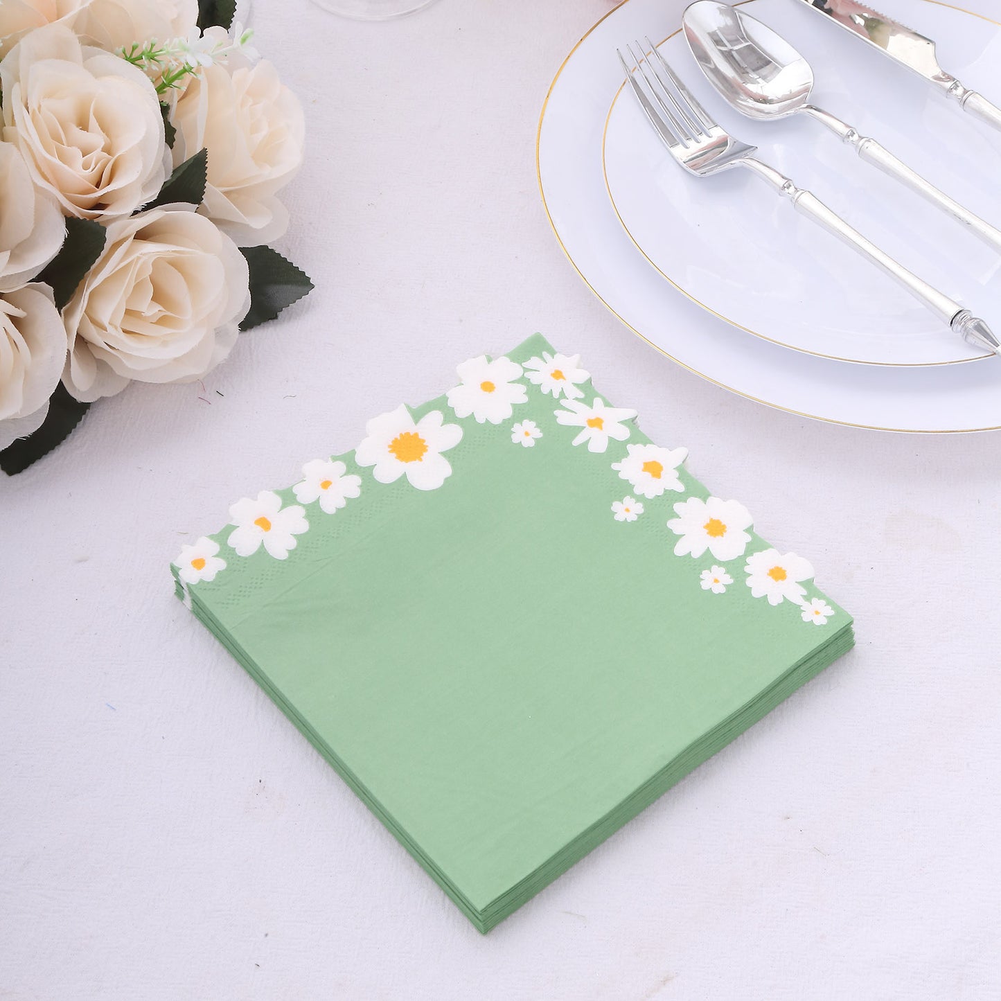 20 Pack Sage Green Daisy Flower Paper Beverage Napkins, Soft 2-Ply Disposable Cocktail Napkins - 6.5"x6.5"