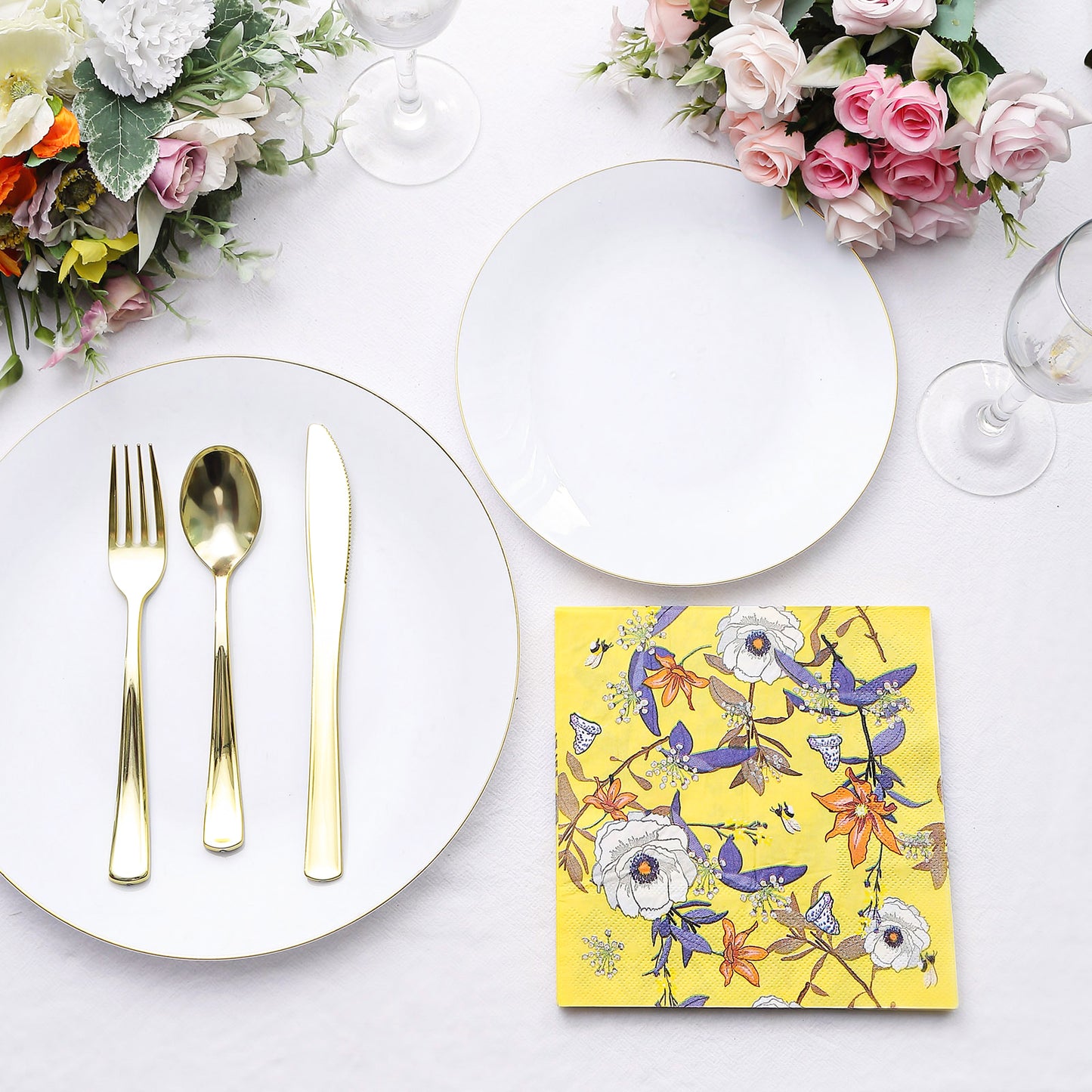 20 Pack Bright Yellow Botanical Floral Paper Cocktail Napkins, Blooming Flowers Disposable Beverage Napkins - 18 GSM