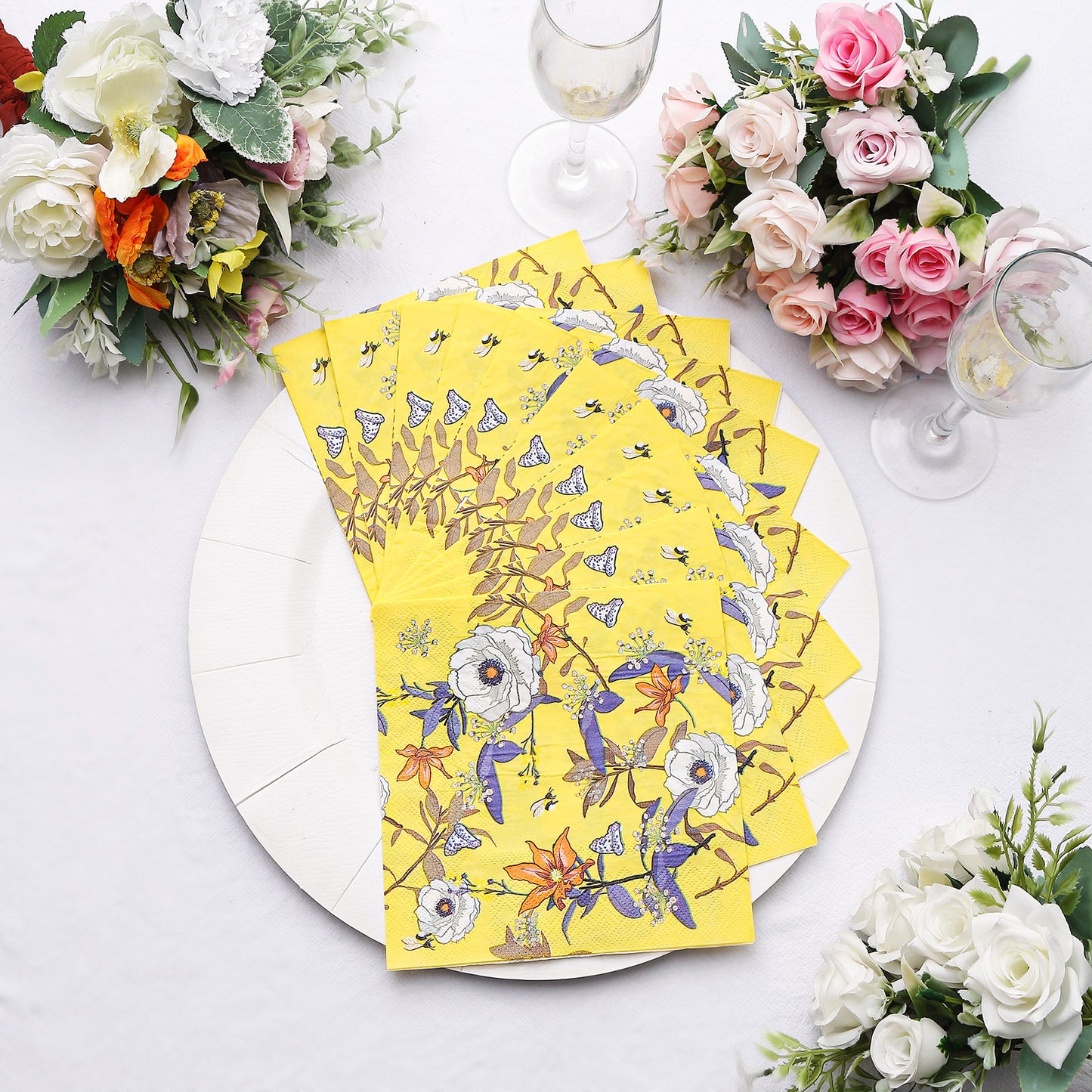 20 Pack Bright Yellow Botanical Floral Paper Cocktail Napkins, Blooming Flowers Disposable Beverage Napkins - 18 GSM