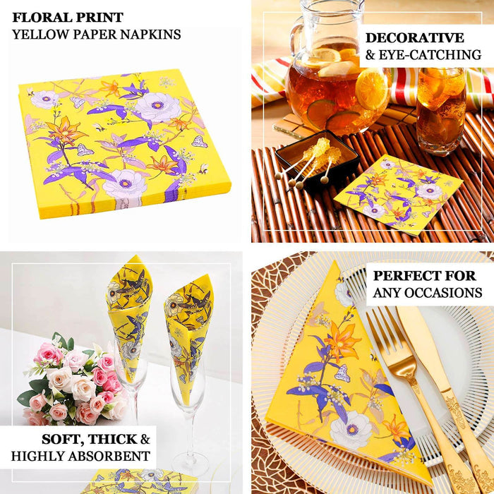 20 Pack Bright Yellow Botanical Floral Paper Cocktail Napkins, Blooming Flowers Disposable Beverage Napkins - 18 GSM