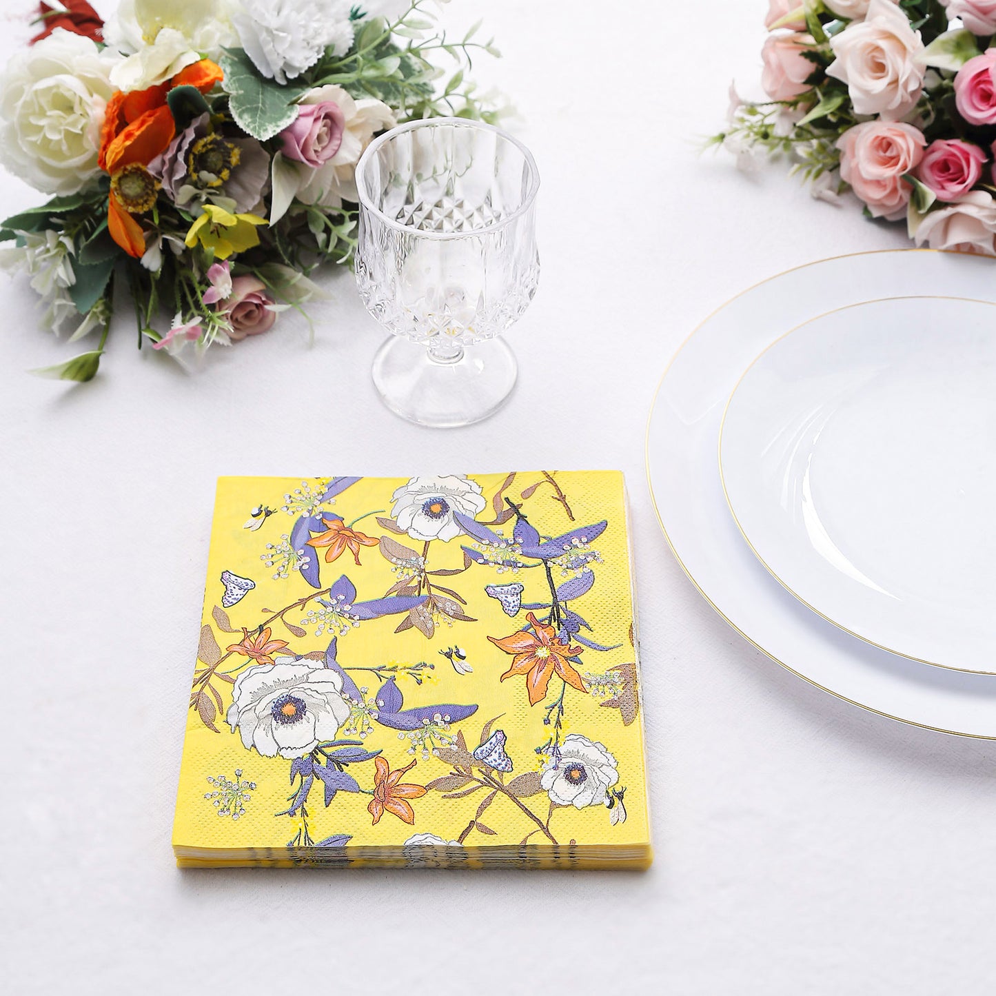 20 Pack Bright Yellow Botanical Floral Paper Cocktail Napkins, Blooming Flowers Disposable Beverage Napkins - 18 GSM