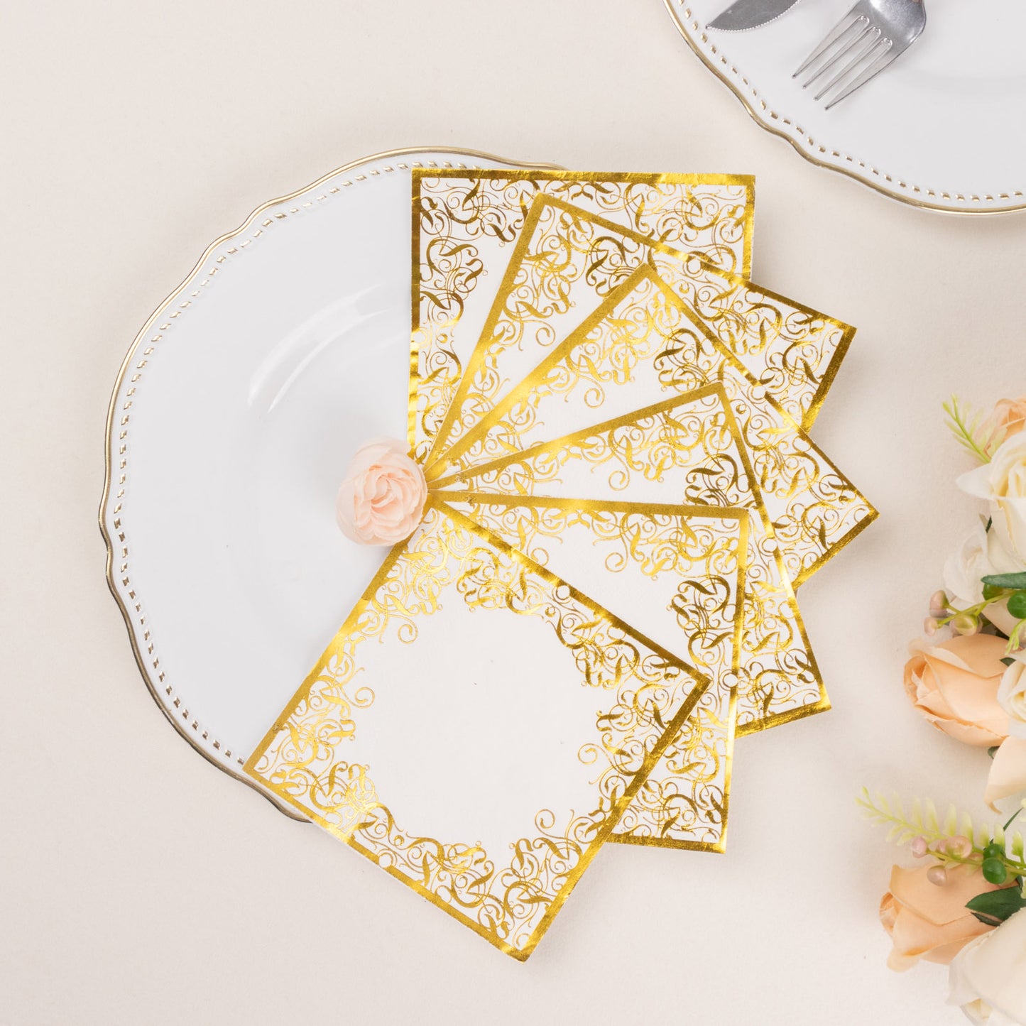 20 Pack White 3 Ply Premium Paper Cocktail Napkins with Gold Foil Lace, Soft European Style Wedding Beverage Napkins - 18 GSM