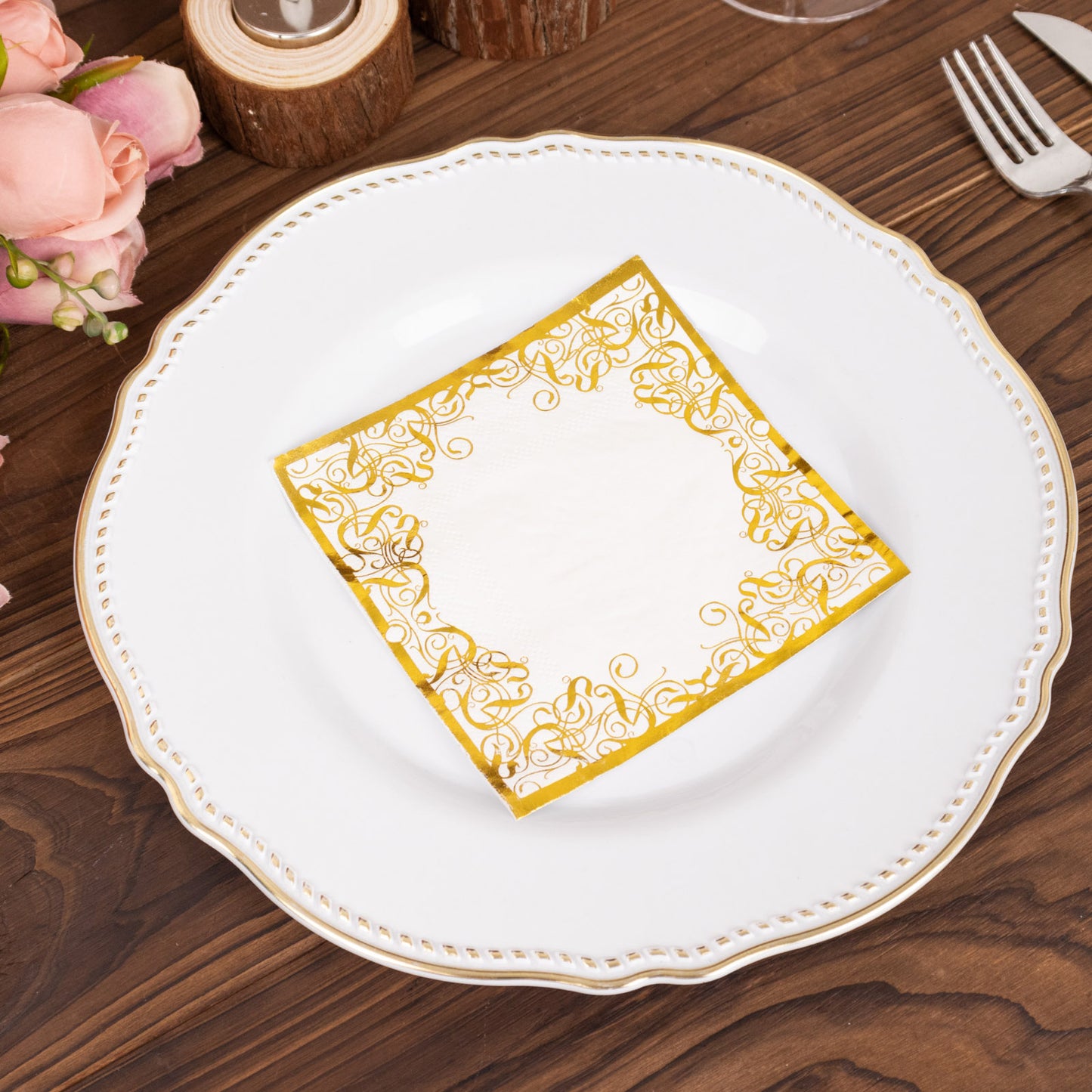 20 Pack White 3 Ply Premium Paper Cocktail Napkins with Gold Foil Lace, Soft European Style Wedding Beverage Napkins - 18 GSM