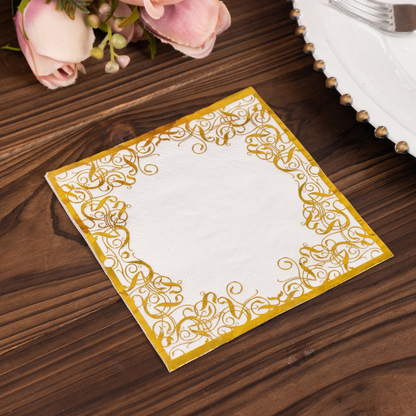 20 Pack White 3 Ply Premium Paper Cocktail Napkins with Gold Foil Lace, Soft European Style Wedding Beverage Napkins - 18 GSM