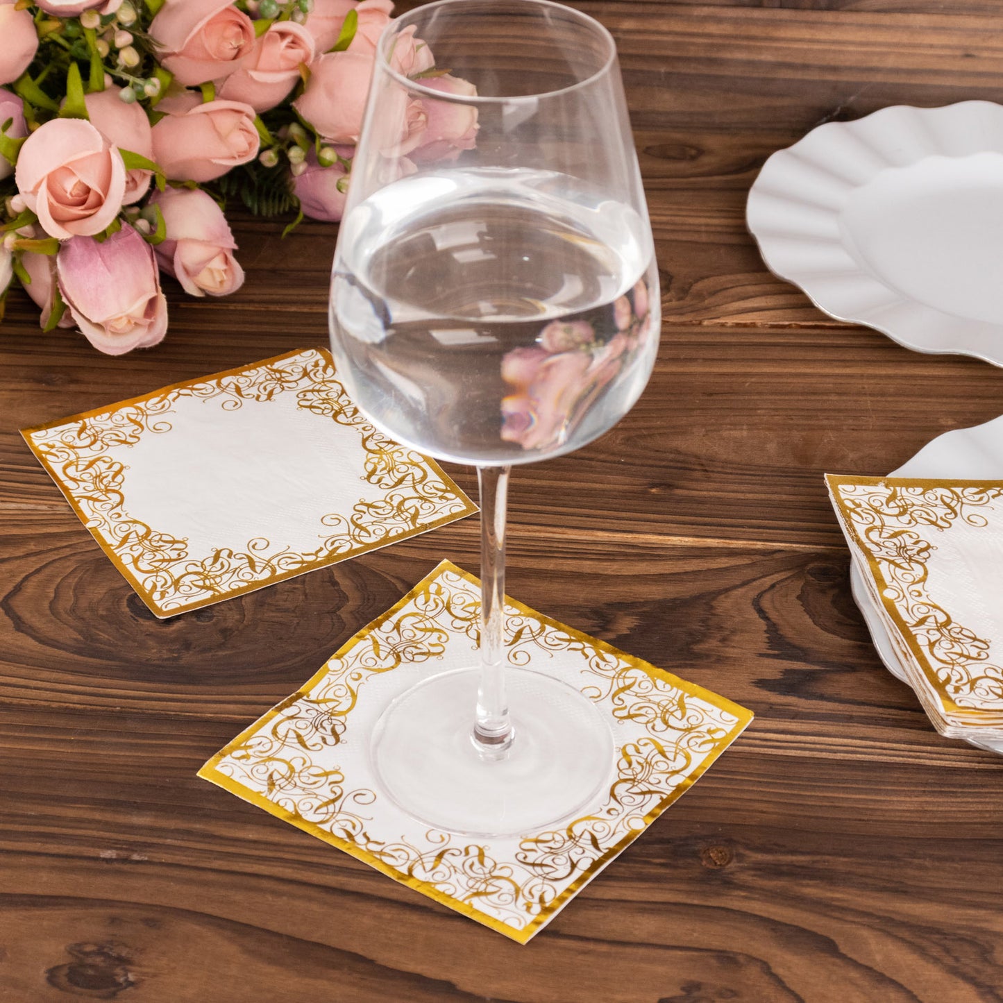 20 Pack White 3 Ply Premium Paper Cocktail Napkins with Gold Foil Lace, Soft European Style Wedding Beverage Napkins - 18 GSM