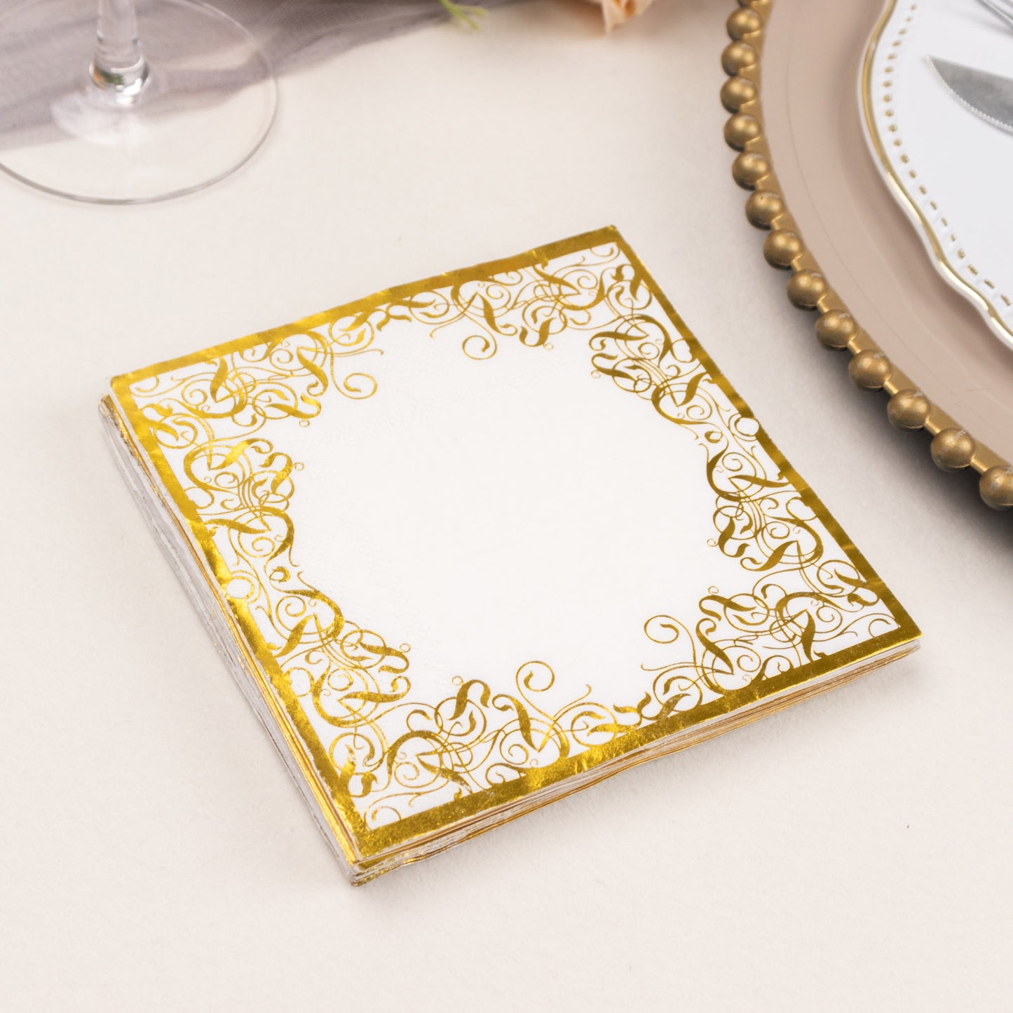 20 Pack White 3 Ply Premium Paper Cocktail Napkins with Gold Foil Lace, Soft European Style Wedding Beverage Napkins - 18 GSM