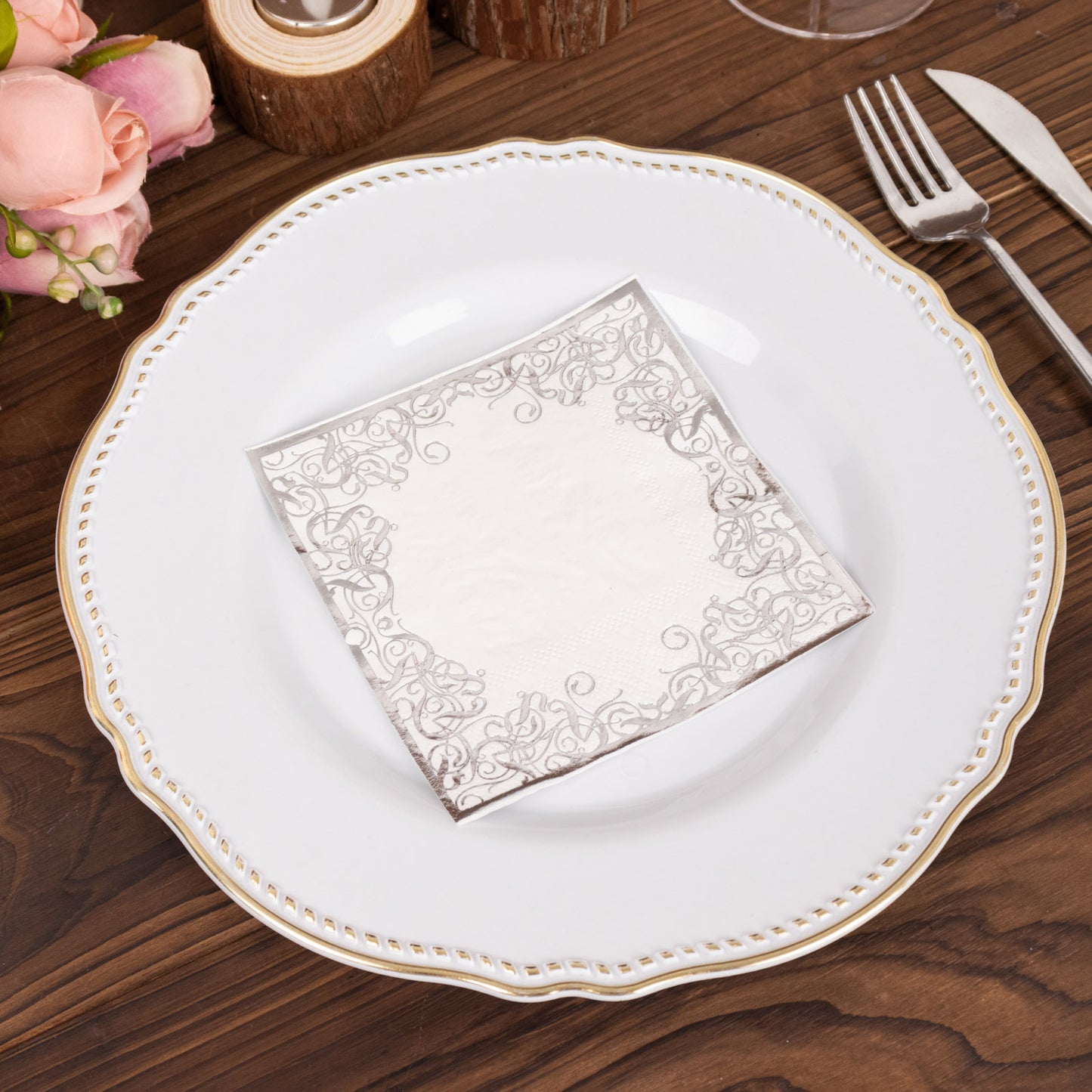 20 Pack White 3 Ply Premium Paper Cocktail Napkins with Silver Foil Lace, Soft European Style Wedding Beverage Napkins - 18 GSM