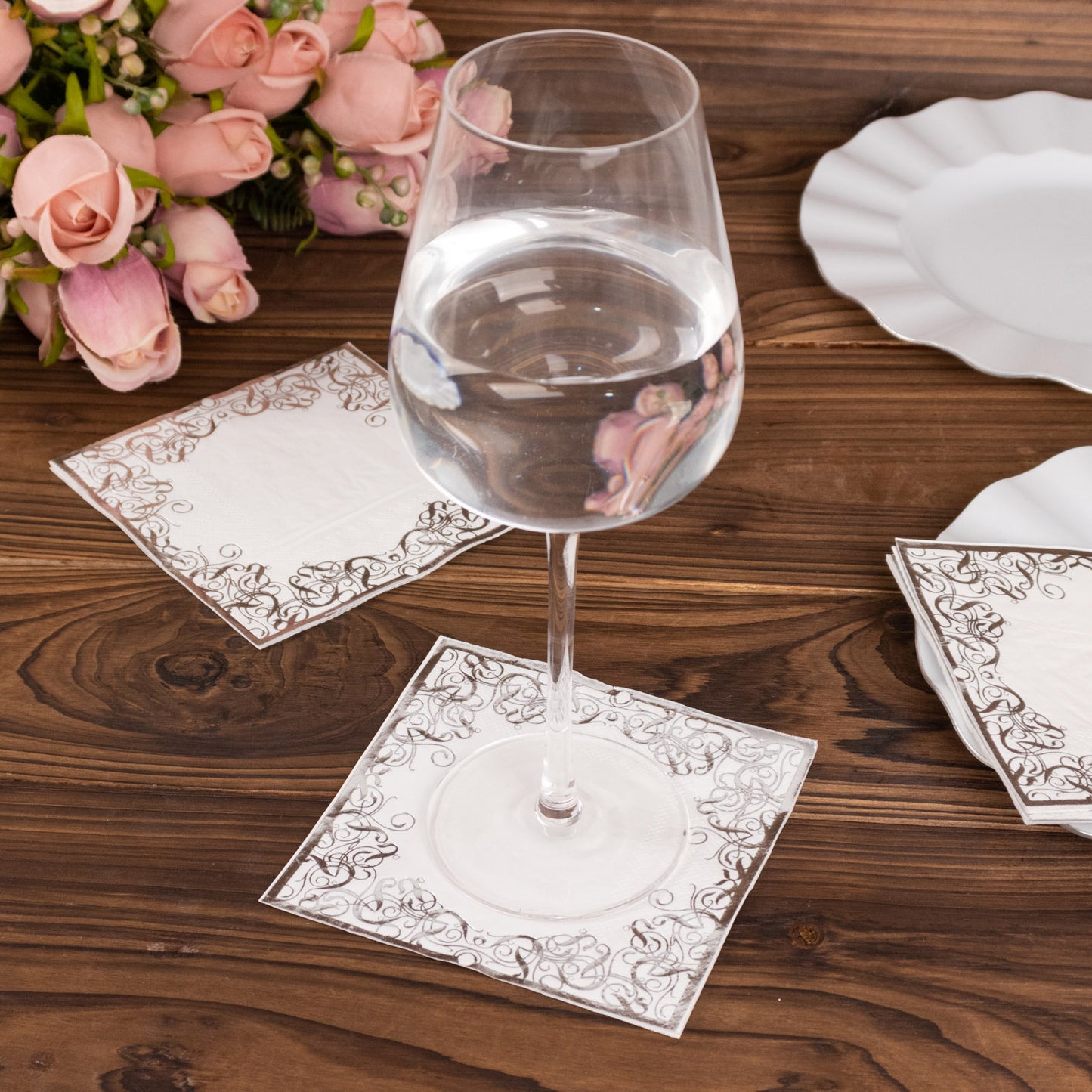 20 Pack White 3 Ply Premium Paper Cocktail Napkins with Silver Foil Lace, Soft European Style Wedding Beverage Napkins - 18 GSM