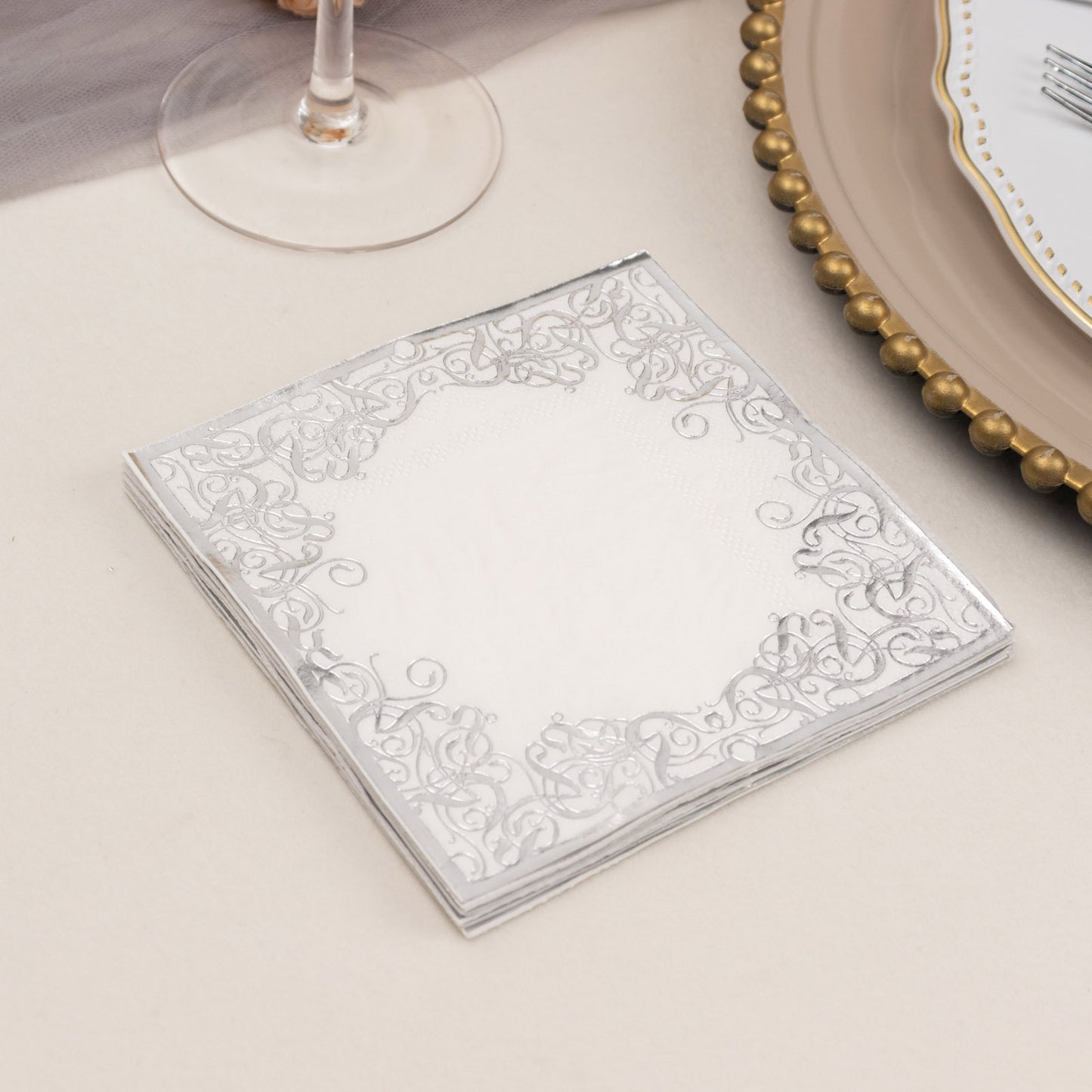 20 Pack White 3 Ply Premium Paper Cocktail Napkins with Silver Foil Lace, Soft European Style Wedding Beverage Napkins - 18 GSM