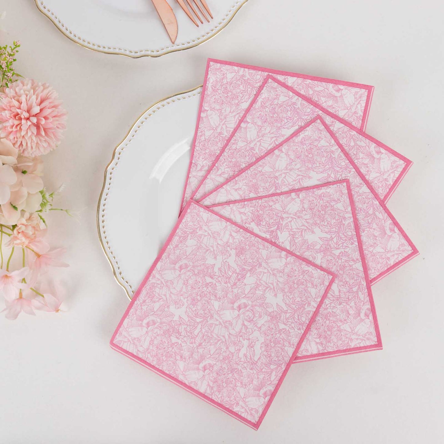 25 Pack White Pink 2-Ply Paper Beverage Napkins in French Toile Print, Highly Absorbent Soft Disposable Cocktail Napkins