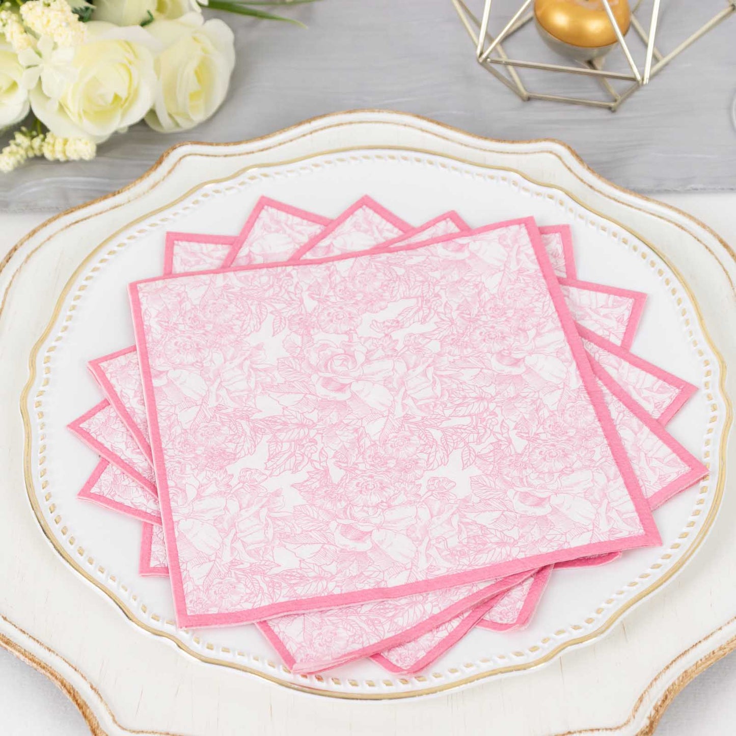 25 Pack White Pink 2-Ply Paper Beverage Napkins in French Toile Print, Highly Absorbent Soft Disposable Cocktail Napkins