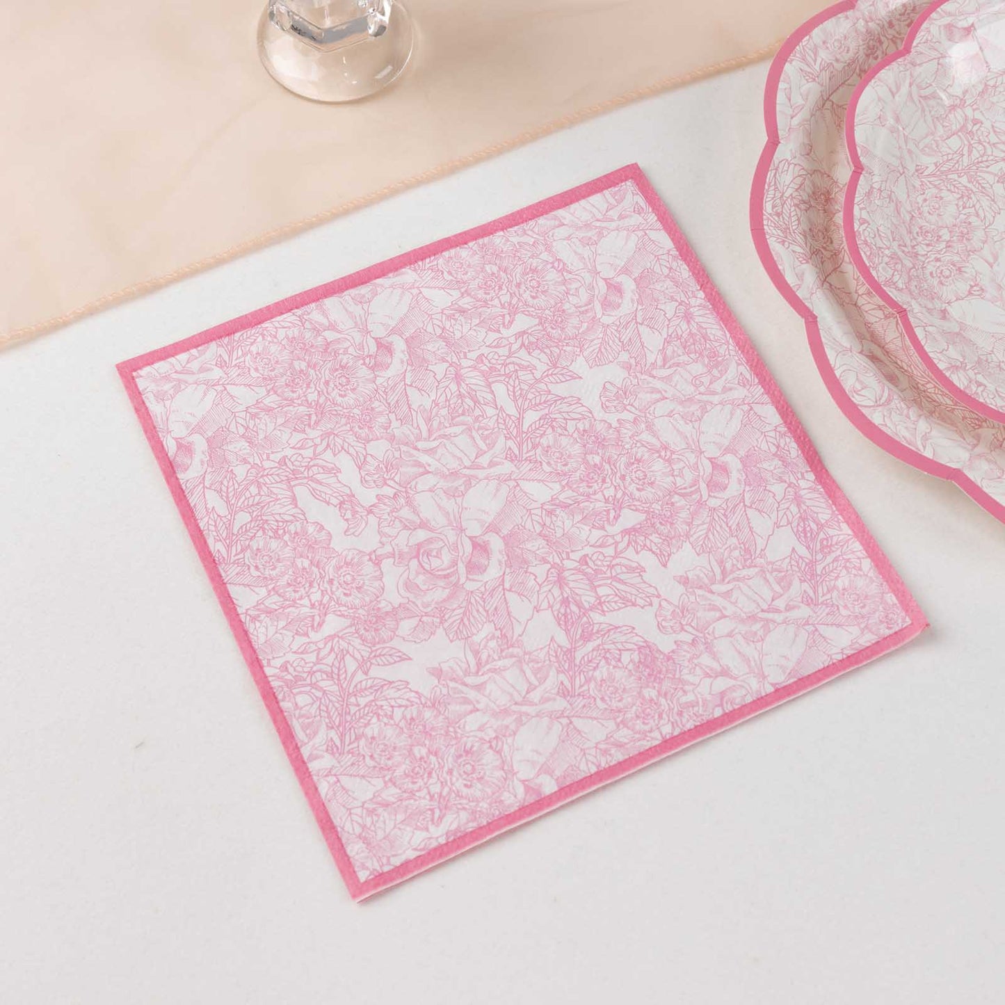 25 Pack White Pink 2-Ply Paper Beverage Napkins in French Toile Print, Highly Absorbent Soft Disposable Cocktail Napkins