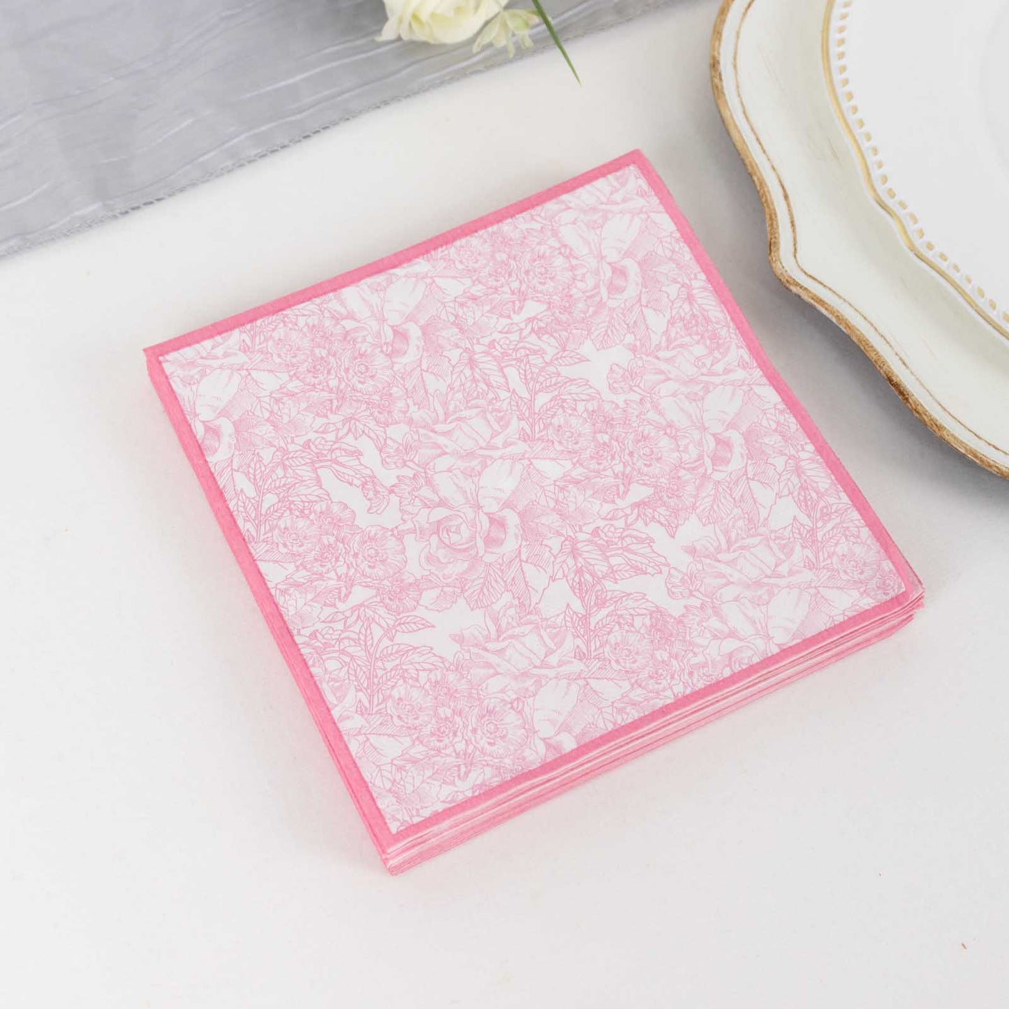 25 Pack White Pink 2-Ply Paper Beverage Napkins in French Toile Print, Highly Absorbent Soft Disposable Cocktail Napkins