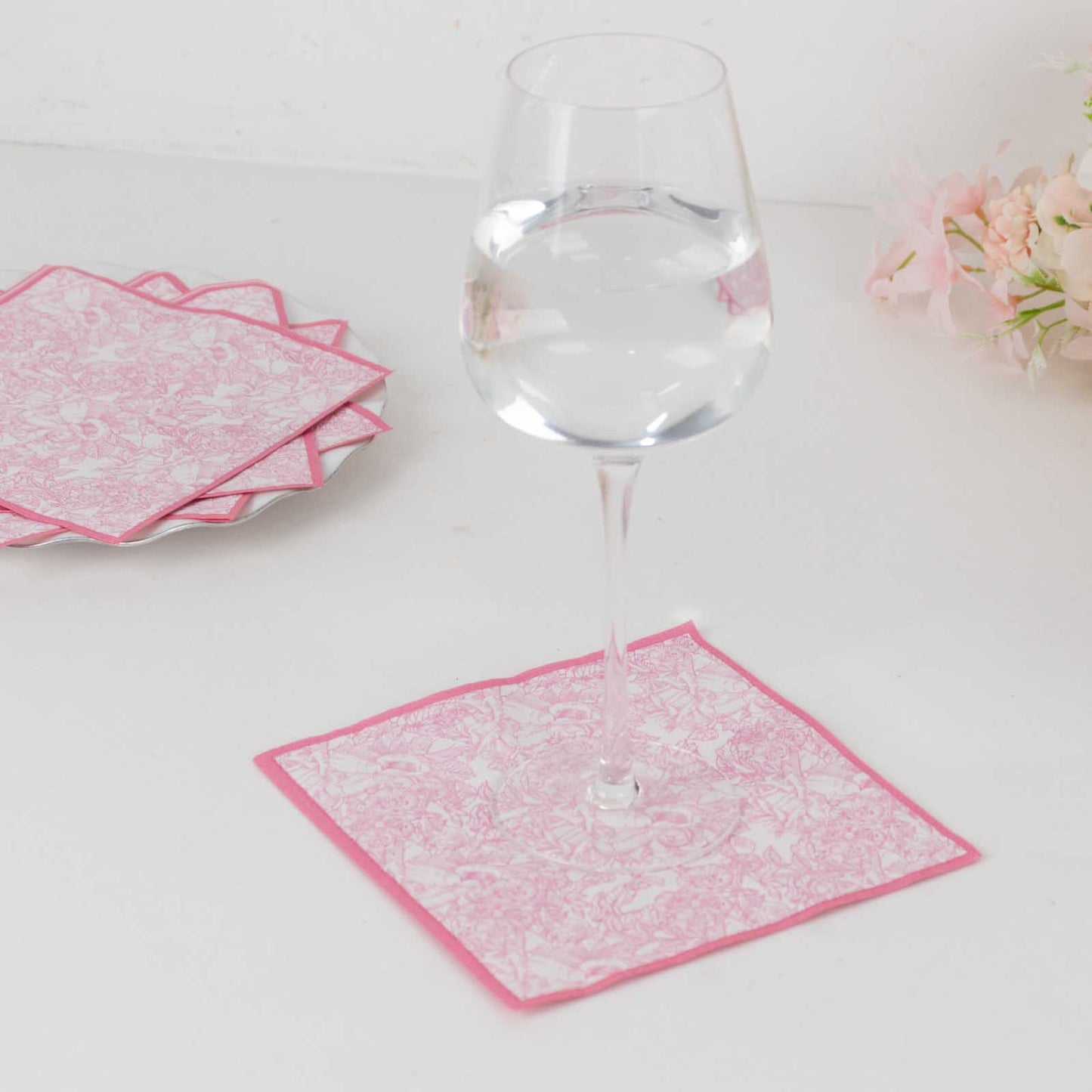 25 Pack White Pink 2-Ply Paper Beverage Napkins in French Toile Print, Highly Absorbent Soft Disposable Cocktail Napkins