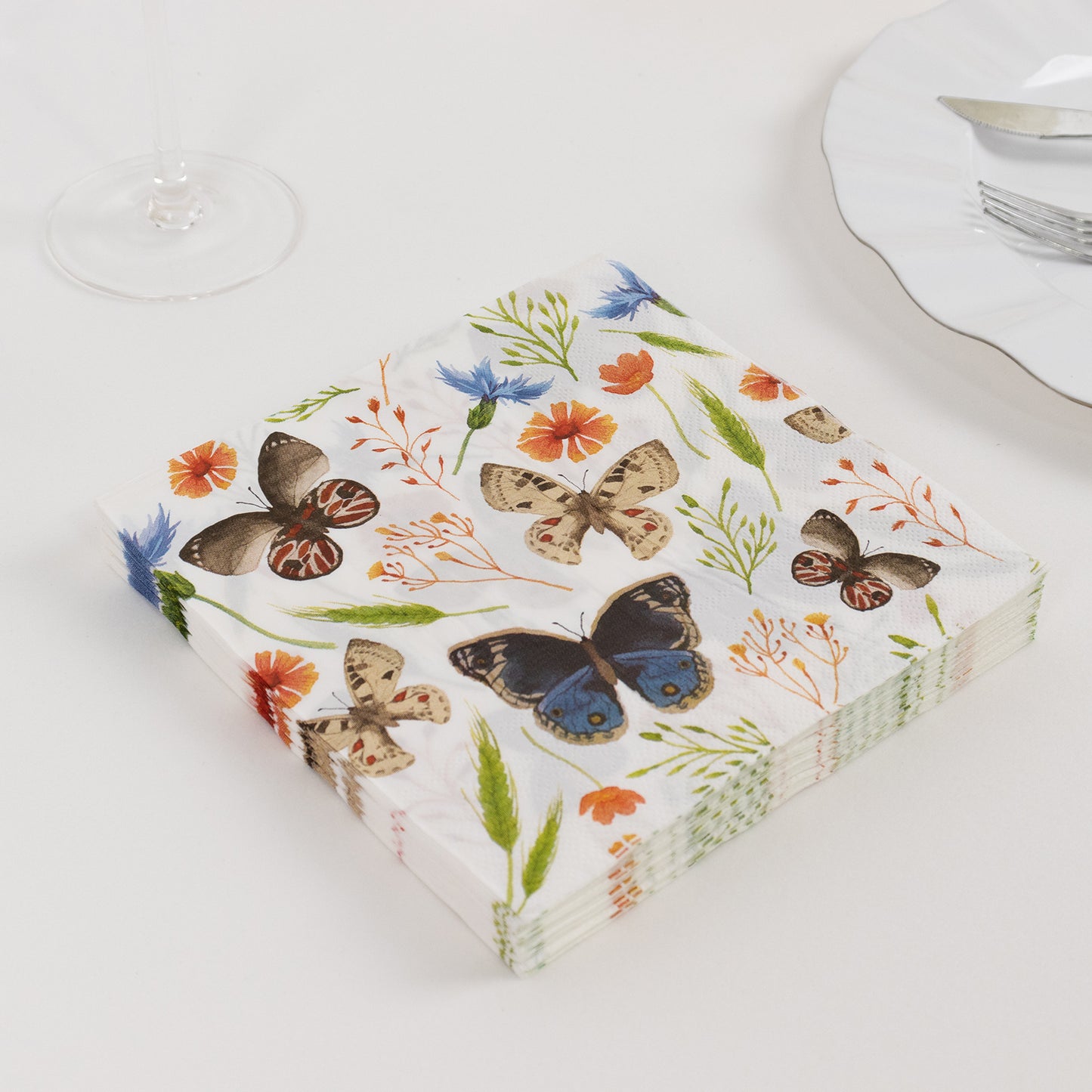 50 Pack Ivory 2-ply Paper Cocktail Napkins with Field Herbs and Butterfly Print, Elegant Garden Party Disposable Beverage Napkins - 18 GSM