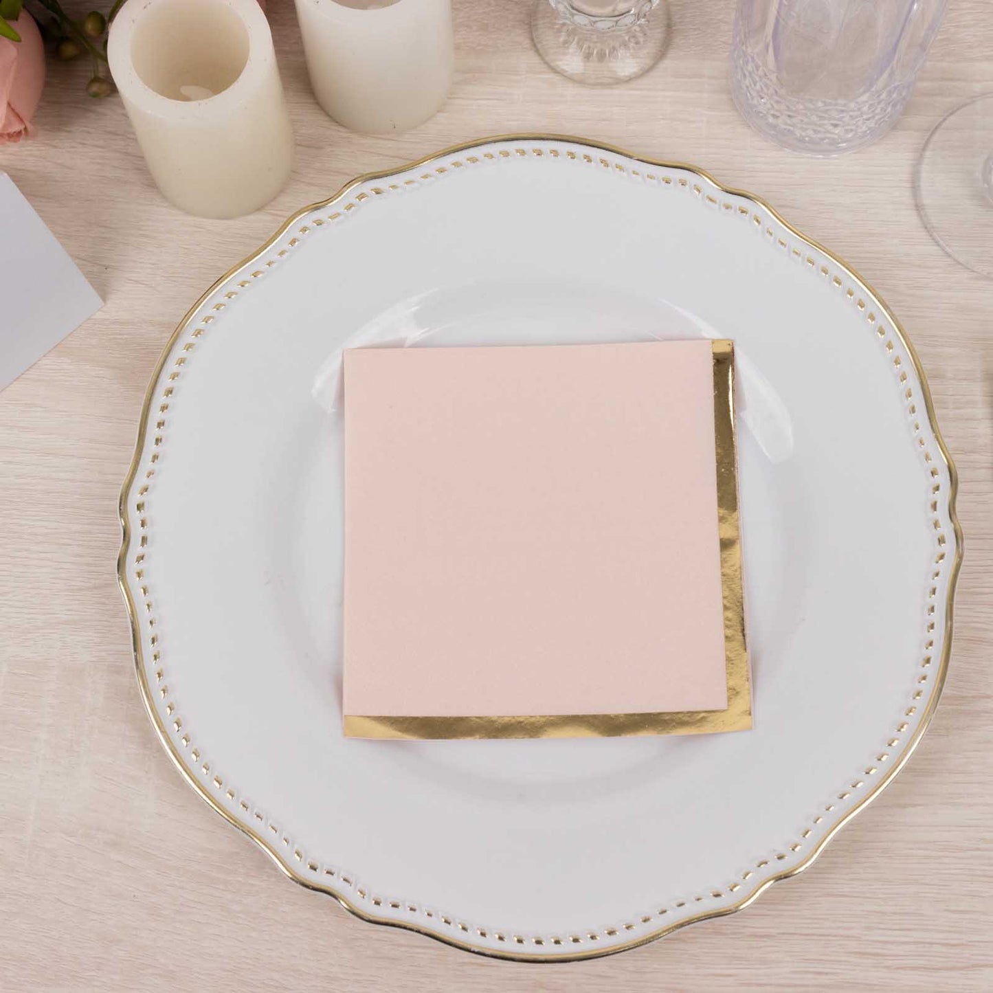 50 Pack Blush Disposable Cocktail Napkins with Gold Foil Edge, Soft 2 Ply Paper Beverage Napkins - 5"x5"