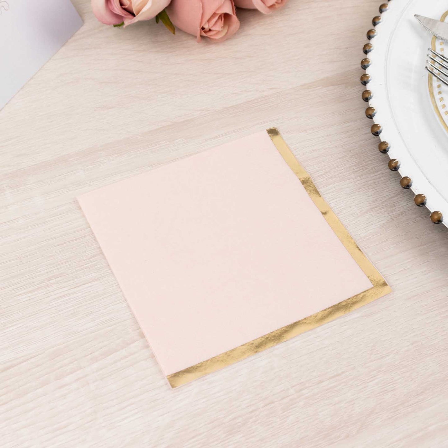 50 Pack Blush Disposable Cocktail Napkins with Gold Foil Edge, Soft 2 Ply Paper Beverage Napkins - 5"x5"