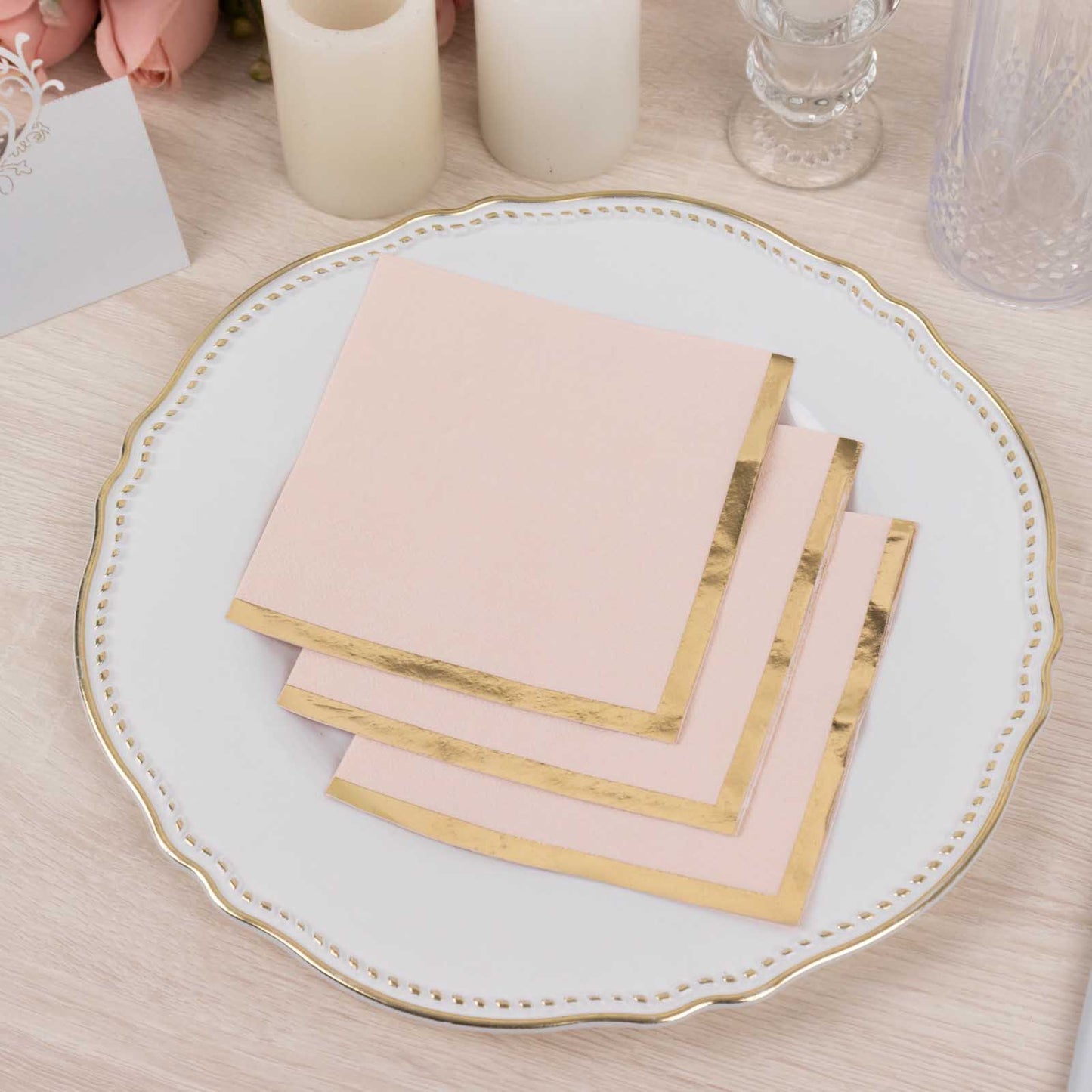 50 Pack Blush Disposable Cocktail Napkins with Gold Foil Edge, Soft 2 Ply Paper Beverage Napkins - 5"x5"