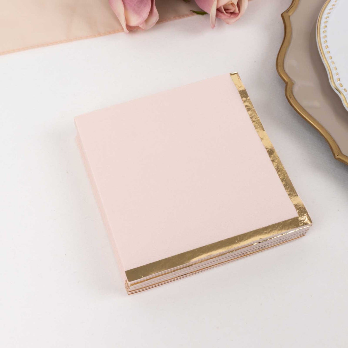 50 Pack Blush Disposable Cocktail Napkins with Gold Foil Edge, Soft 2 Ply Paper Beverage Napkins - 5"x5"