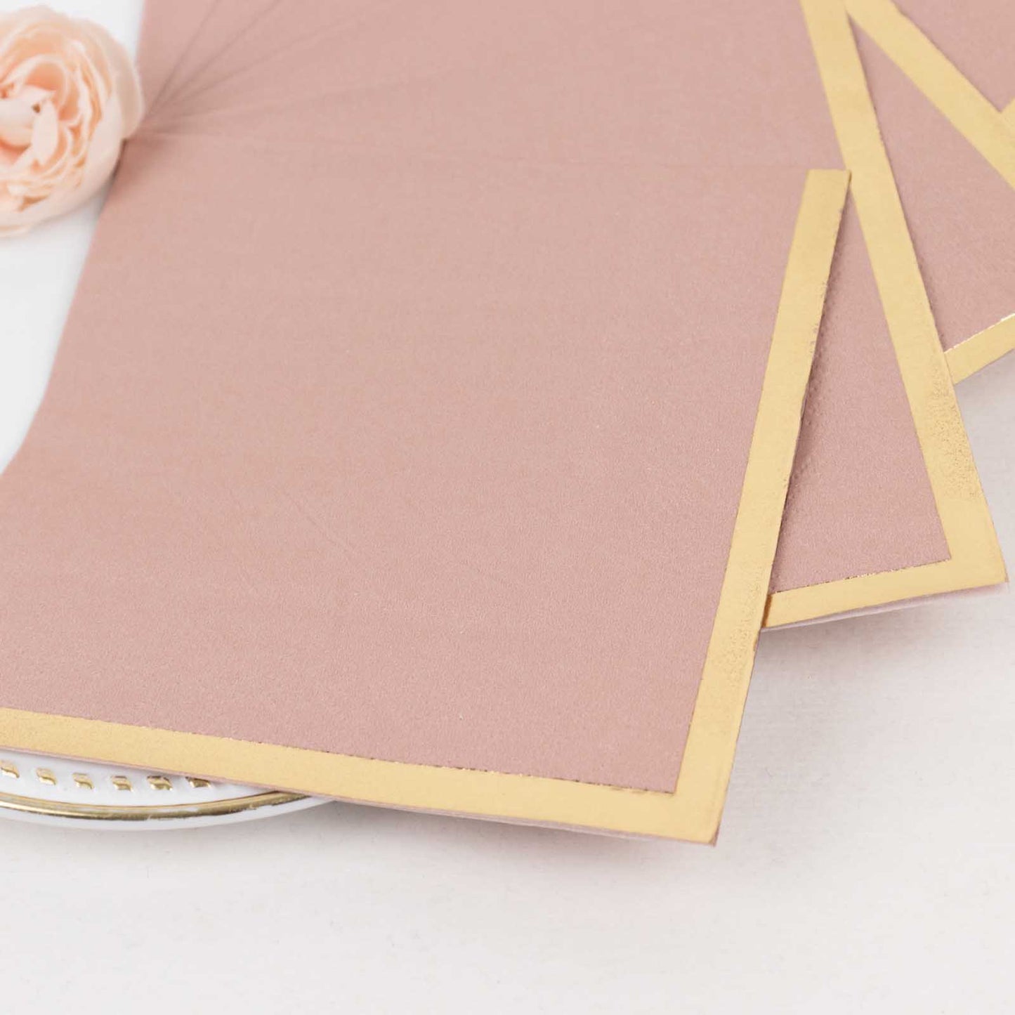 50 Pack Dusty Rose Disposable Cocktail Napkins with Gold Foil Edge, Soft 2 Ply Paper Beverage Napkins - 5"x5"