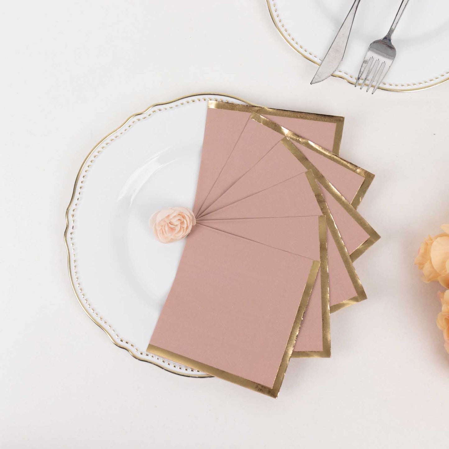 50 Pack Dusty Rose Disposable Cocktail Napkins with Gold Foil Edge, Soft 2 Ply Paper Beverage Napkins - 5"x5"