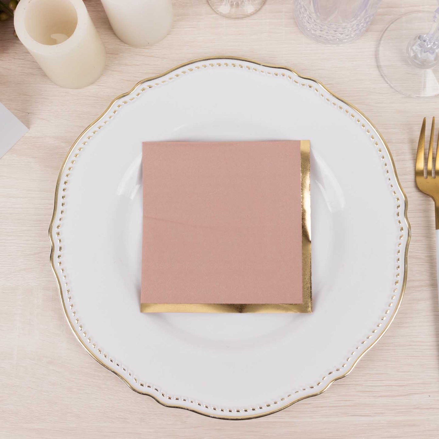 50 Pack Dusty Rose Disposable Cocktail Napkins with Gold Foil Edge, Soft 2 Ply Paper Beverage Napkins - 5"x5"