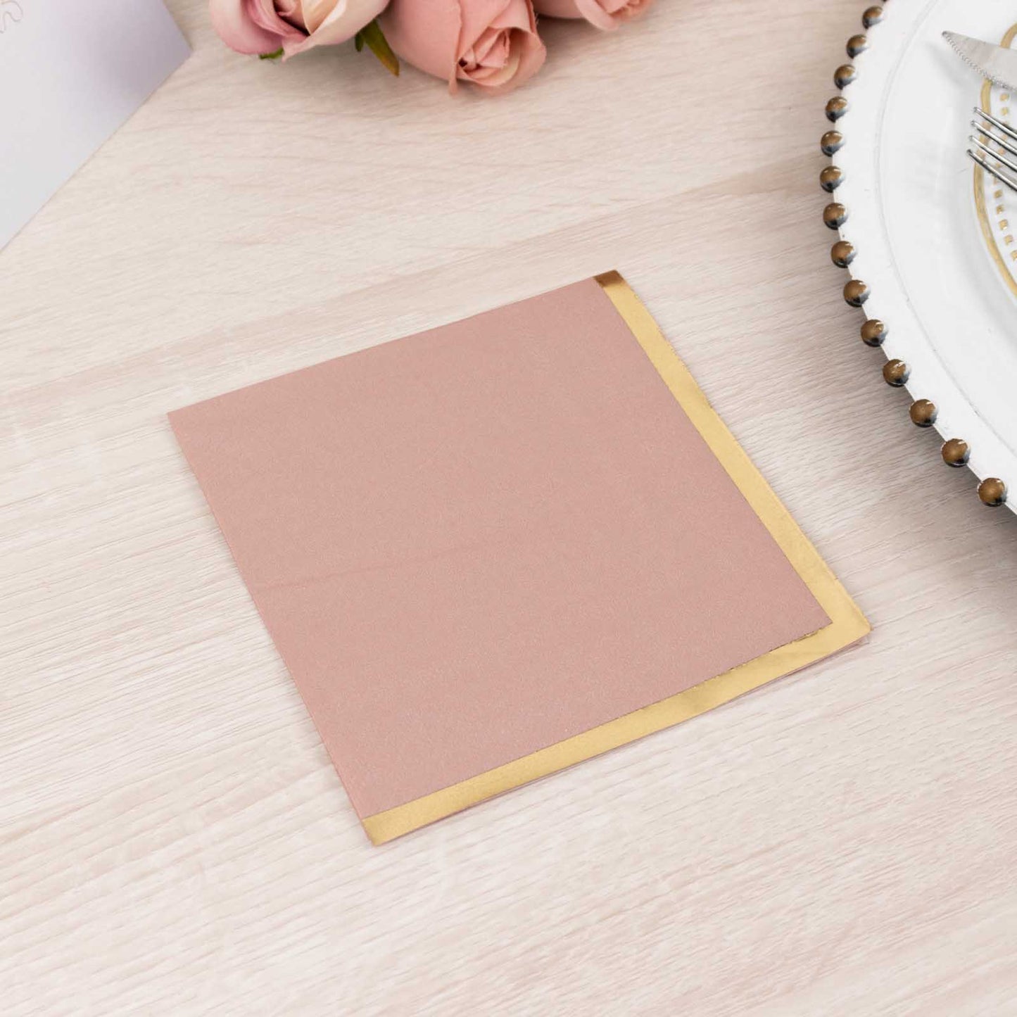 50 Pack Dusty Rose Disposable Cocktail Napkins with Gold Foil Edge, Soft 2 Ply Paper Beverage Napkins - 5"x5"